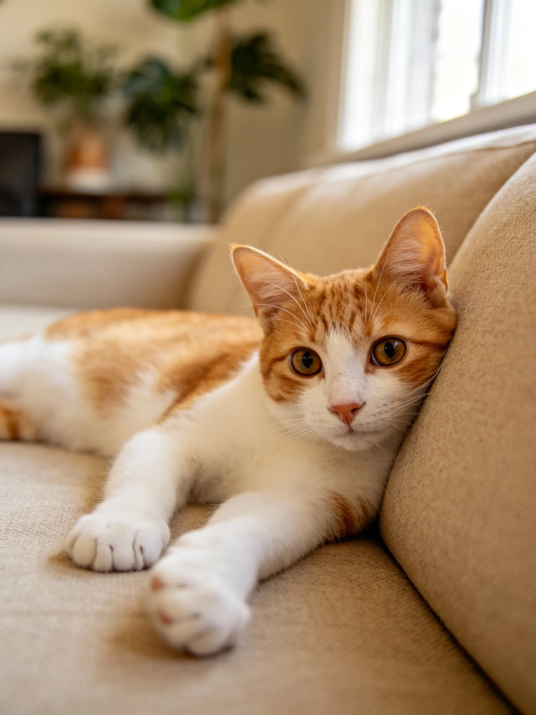 A cat rests on a beige sofa in a cozy indoor setting.