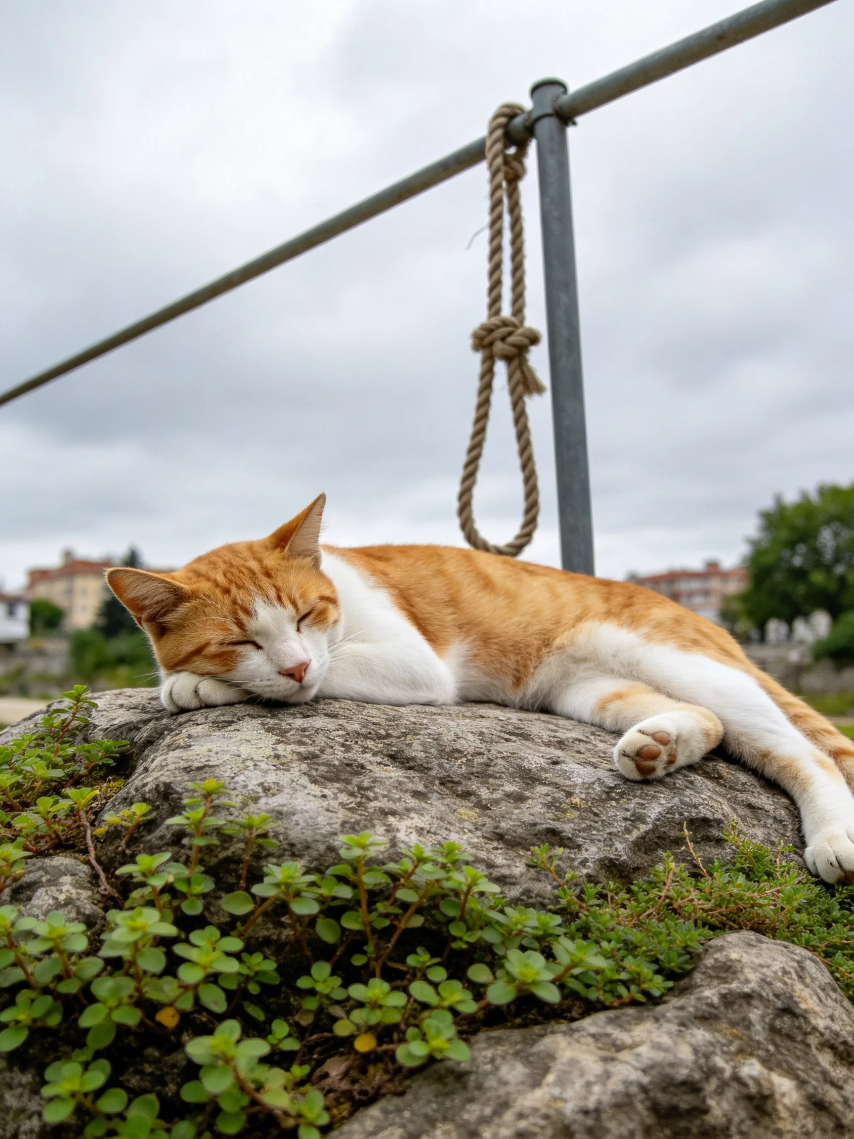 An orange and white cat rests on a rock near a rope fence under an overcast sky.