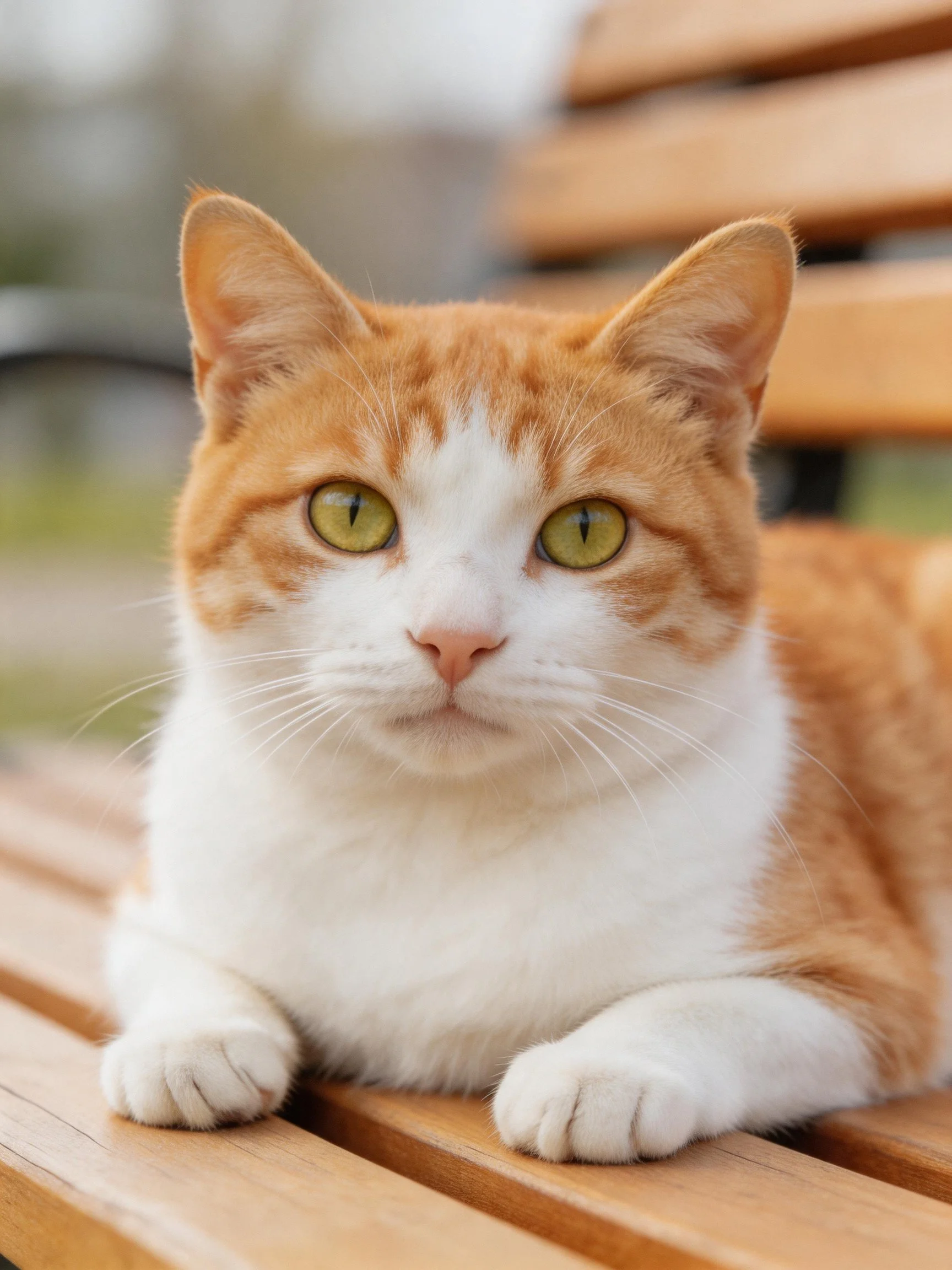 An orange and white cat sits calmly on a wooden bench in an outdoor setting.