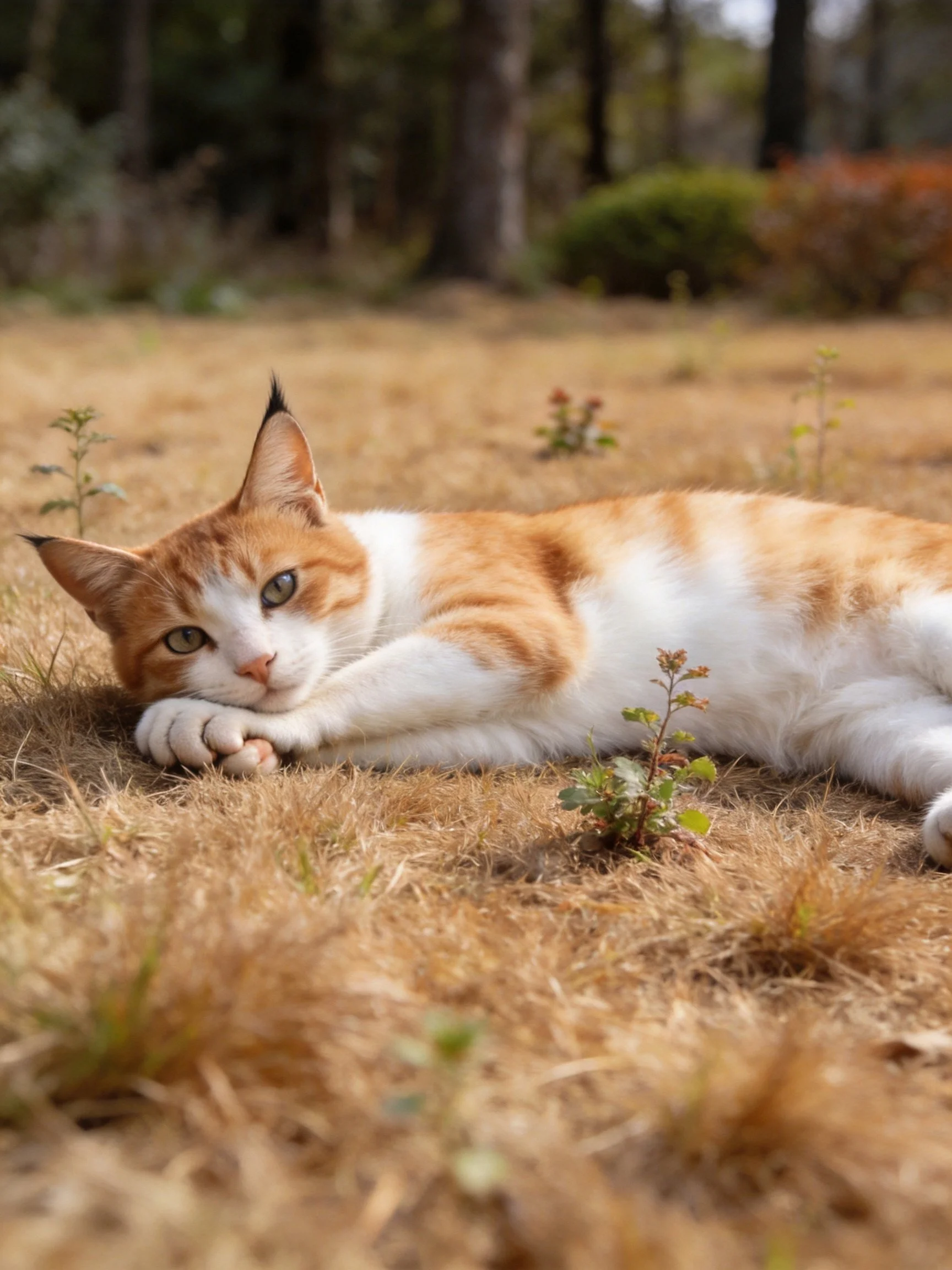 An orange and white cat relaxes on dry grass near a wooded backdrop.