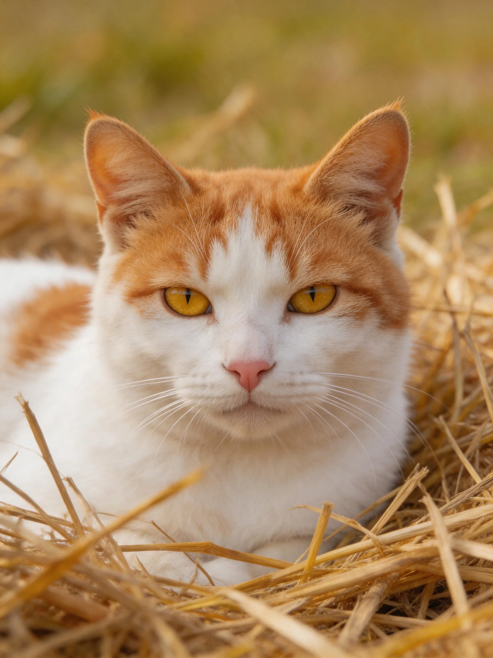 An orange and white cat lies calmly among golden straw in a softly lit outdoor setting.