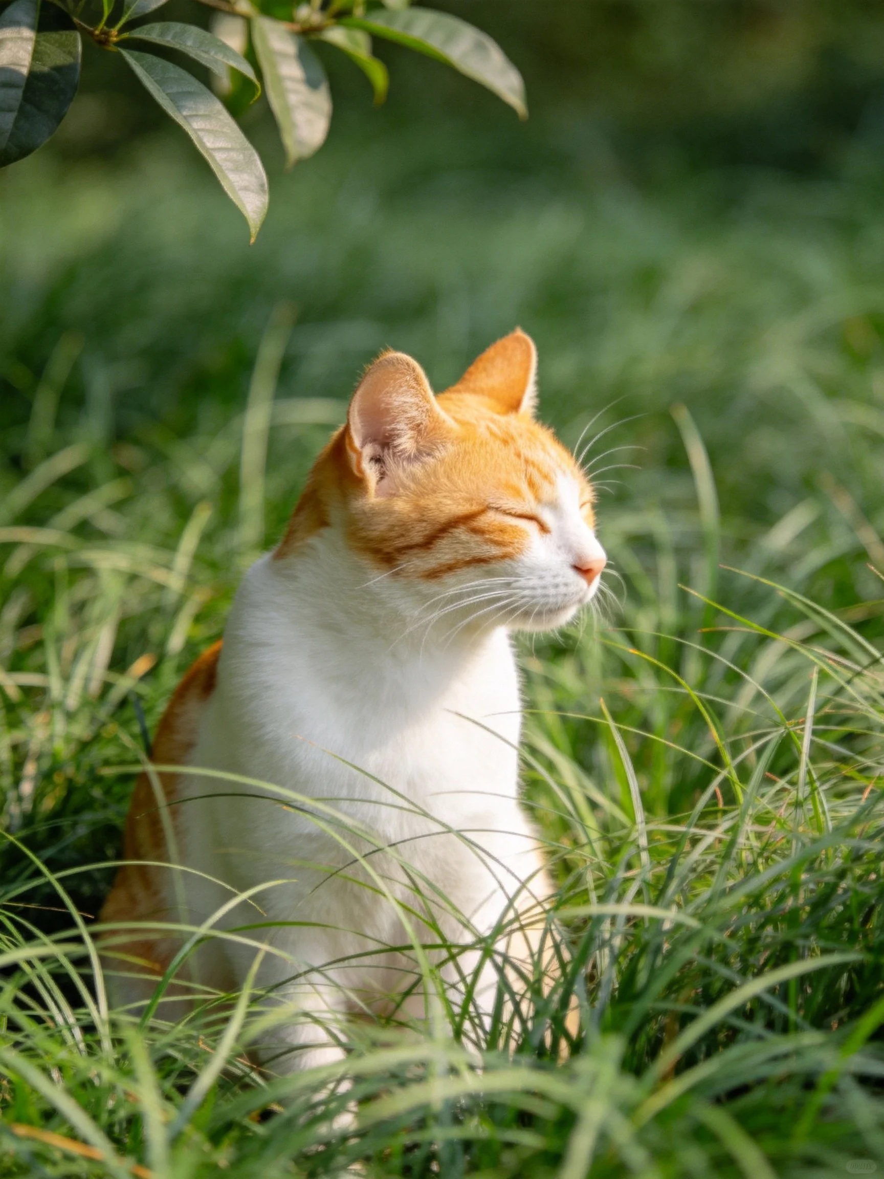 An orange and white cat relaxes in tall green grass