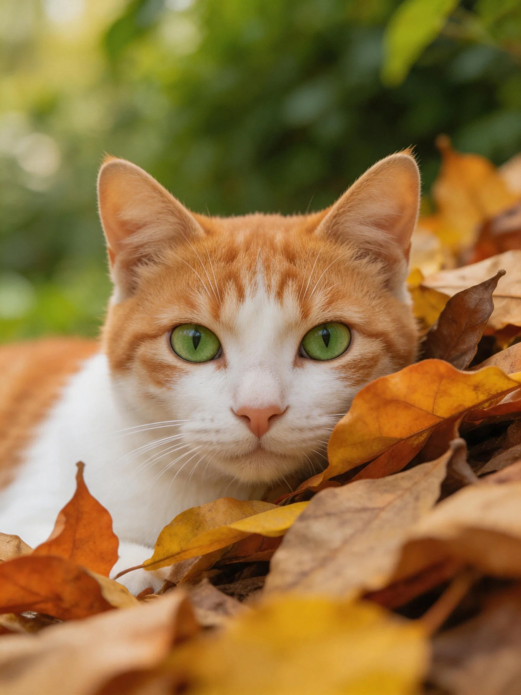 An orange-and-white cat rests among autumn leaves