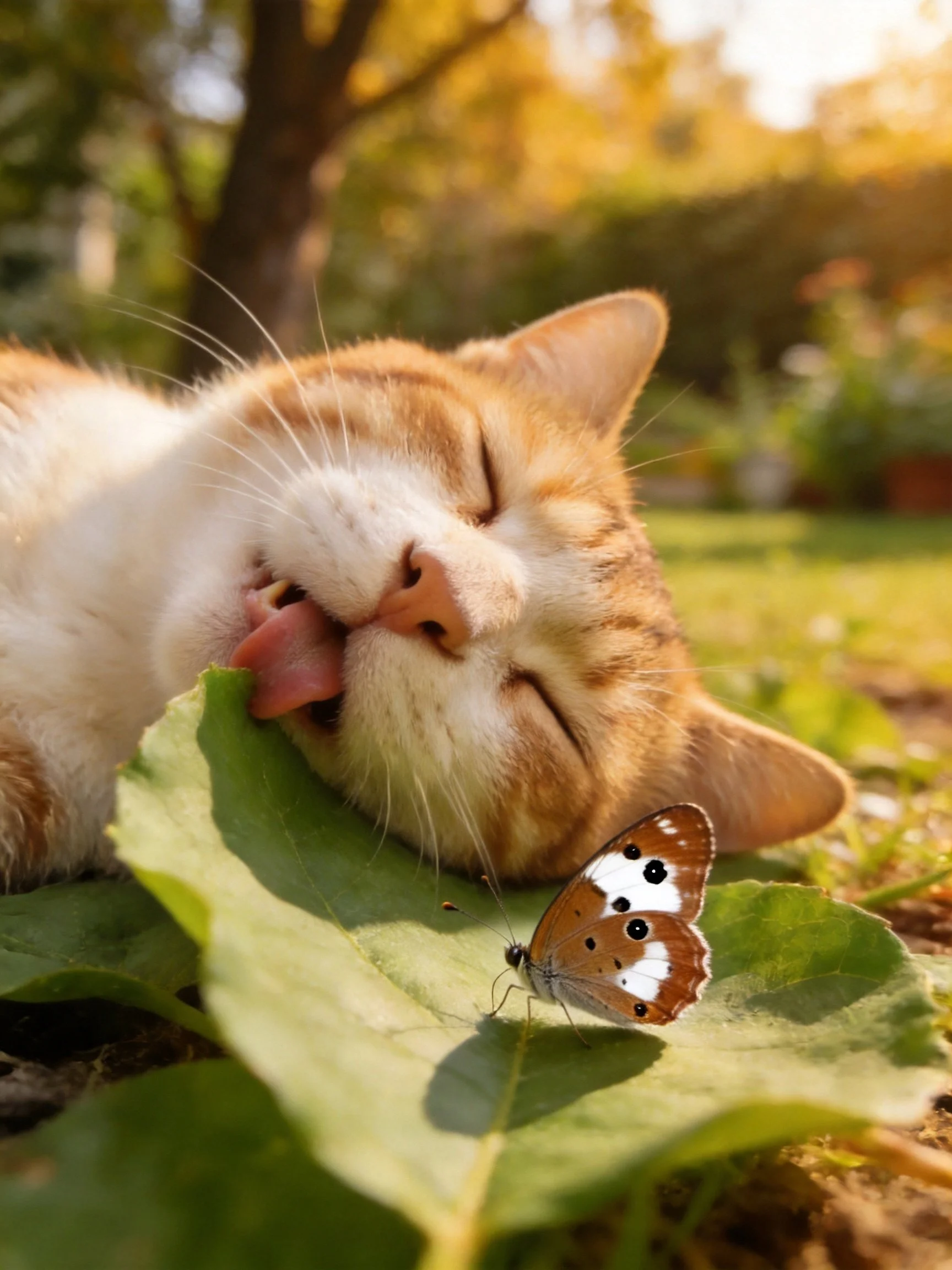 An orange-and-white cat rests beside a brown-and-white butterfly on large green leaves