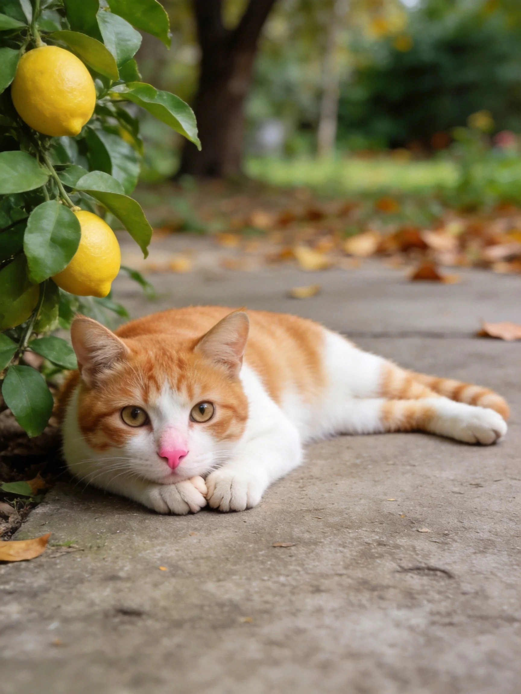 An orange-and-white cat relaxes next to a lemon tree on a stone pathway.