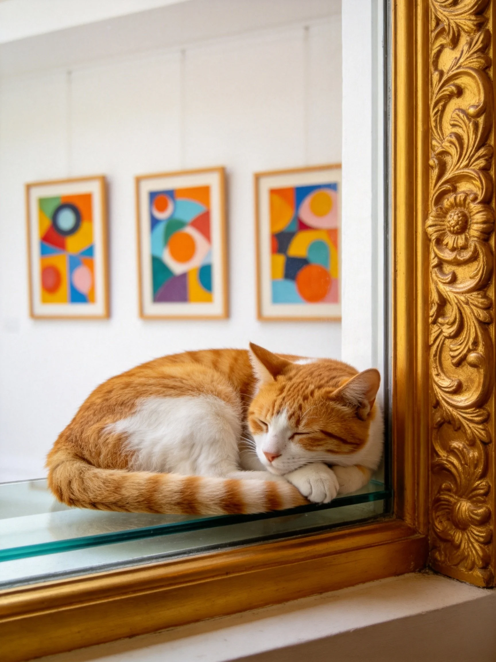 An orange-and-white cat naps beside a golden-framed window with colorful artwork