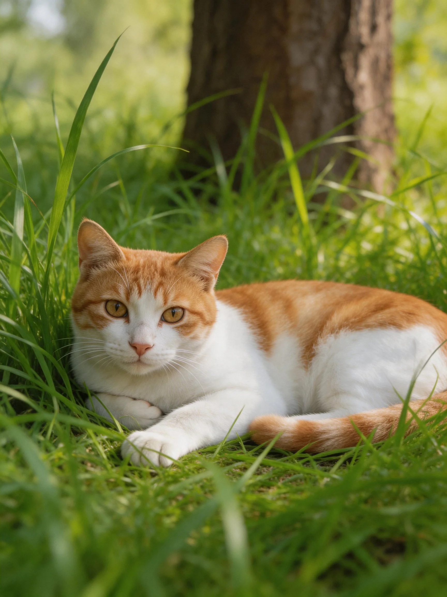 An orange and white cat relaxes in green grass near a tree