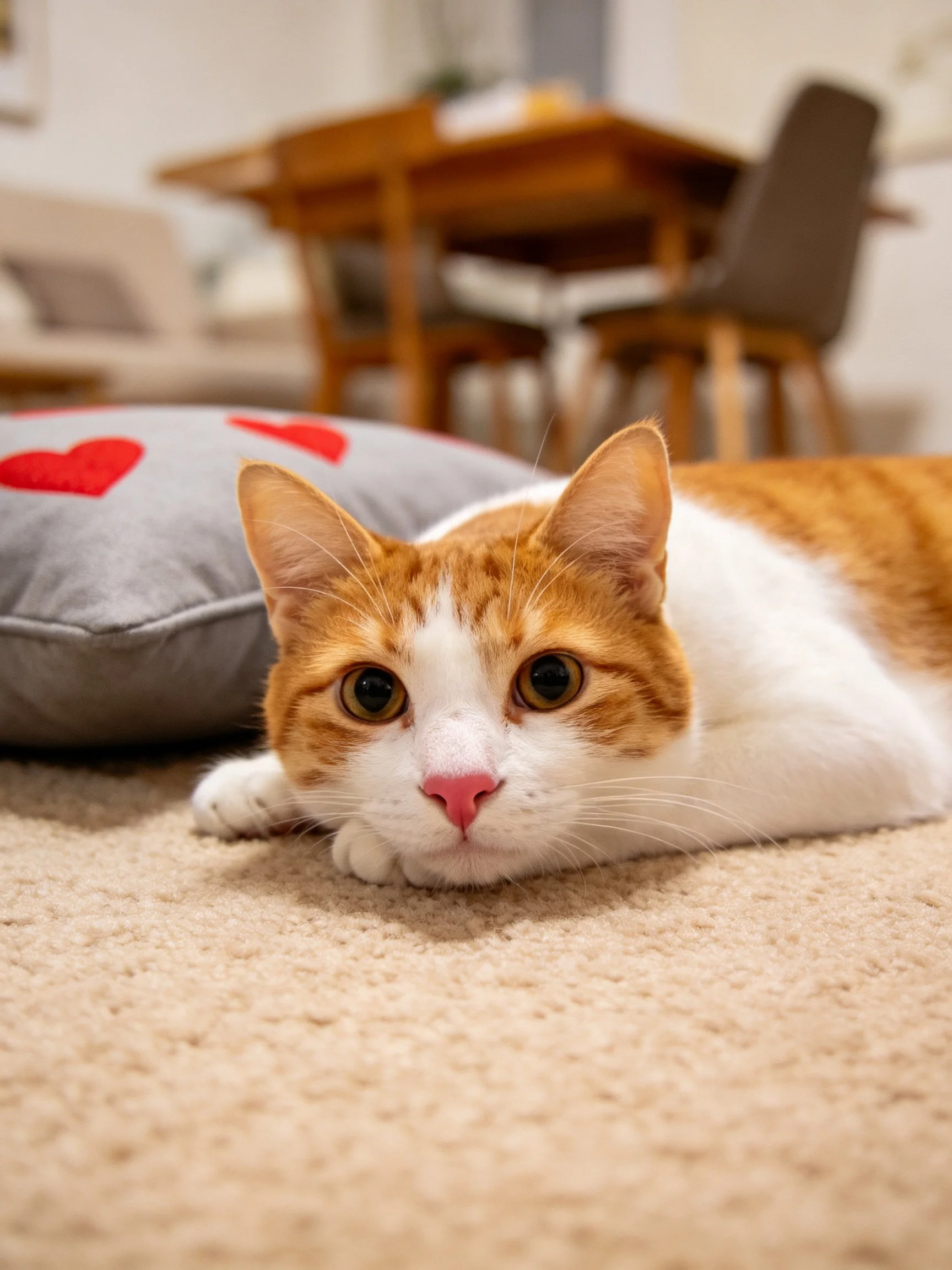 An orange and white cat rests near a heart-patterned pillow on a beige carpet