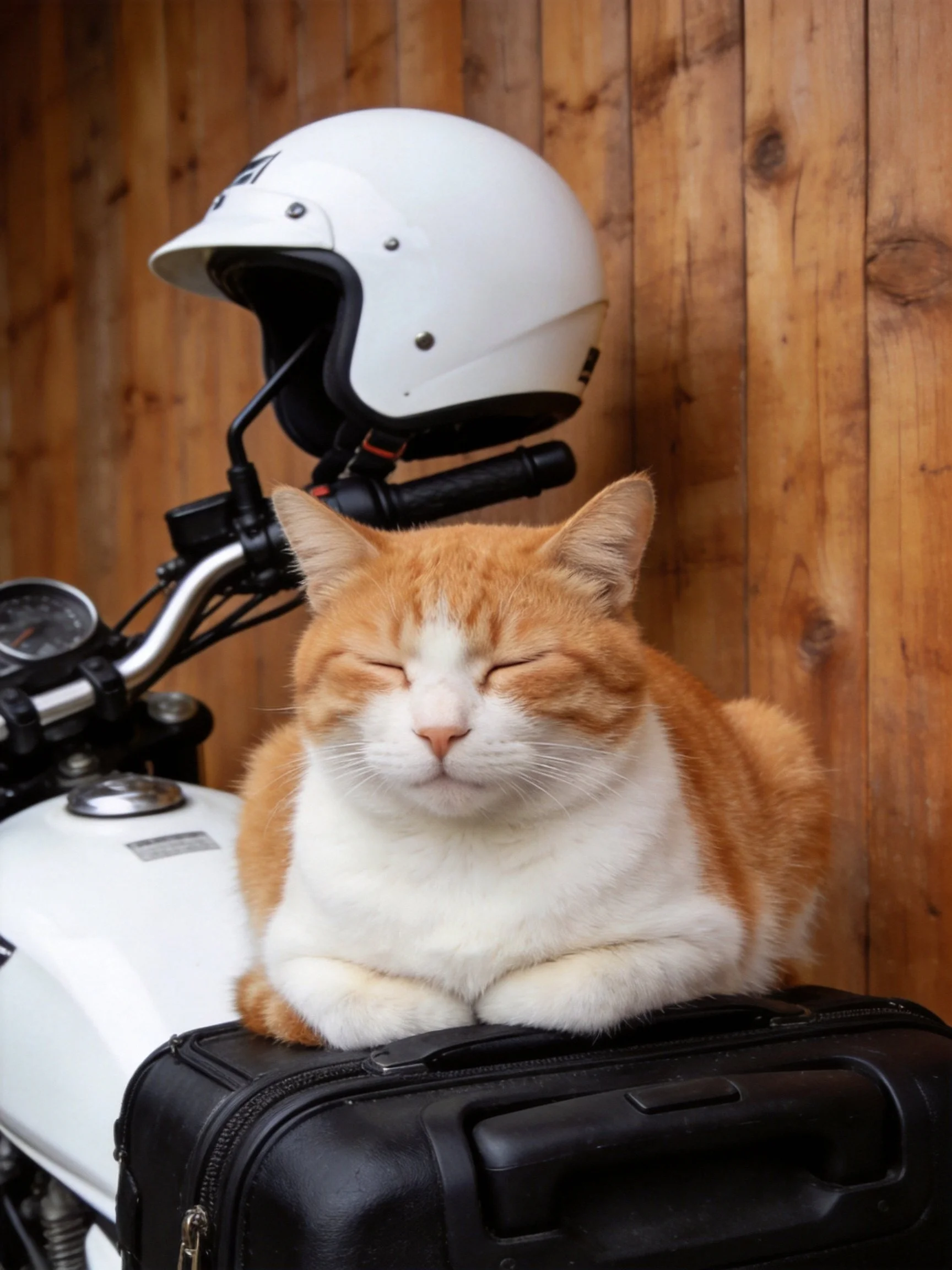 A cat rests near a motorcycle with a white helmet