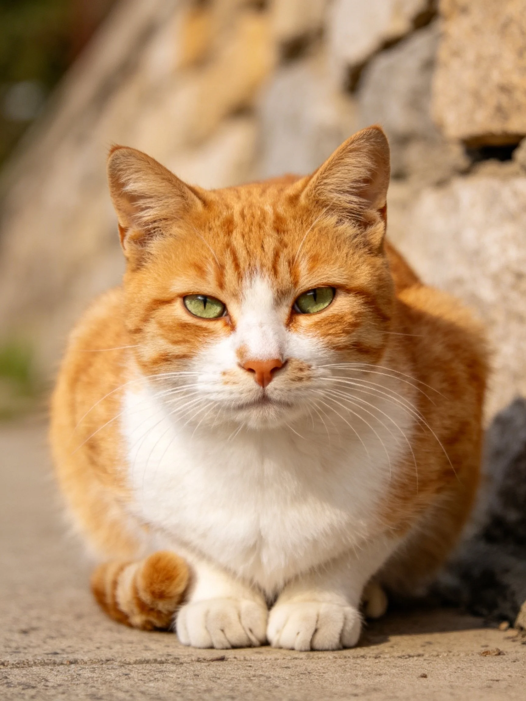 An orange and white cat relaxes near a stone wall