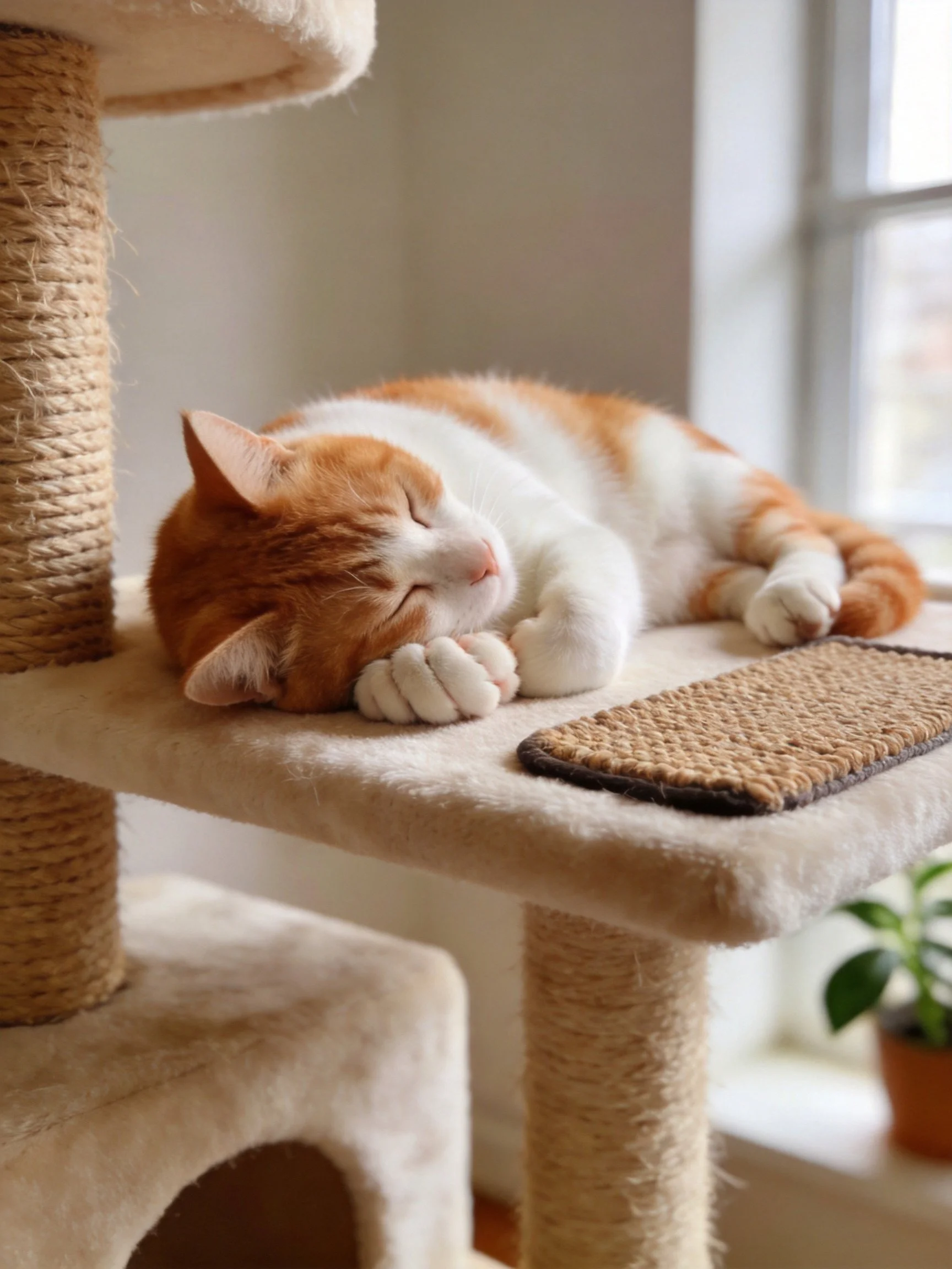 An orange and white cat rests on a beige cat tree by a sunlit window