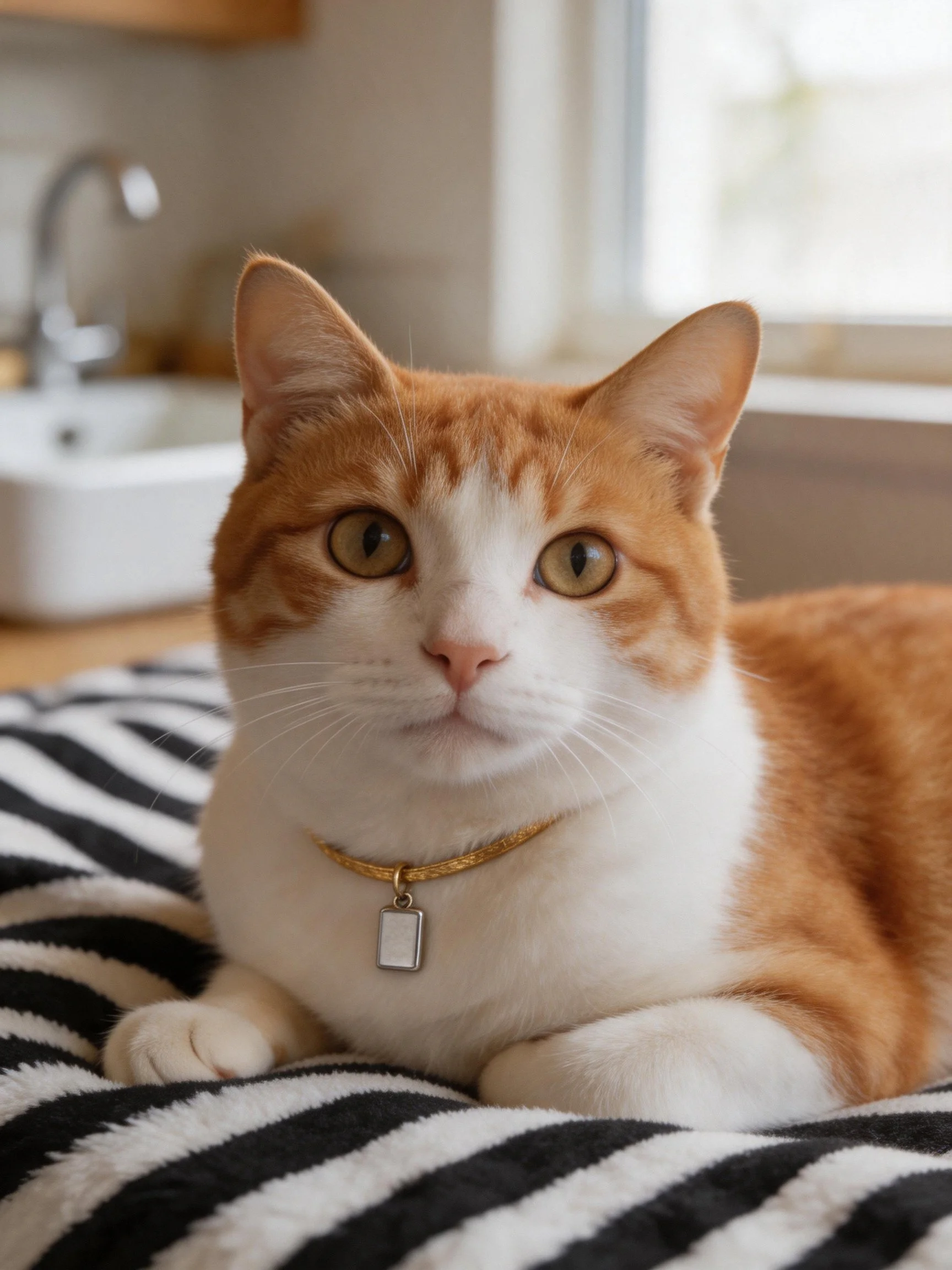 An orange and white cat relaxes on a striped blanket near a kitchen sink.