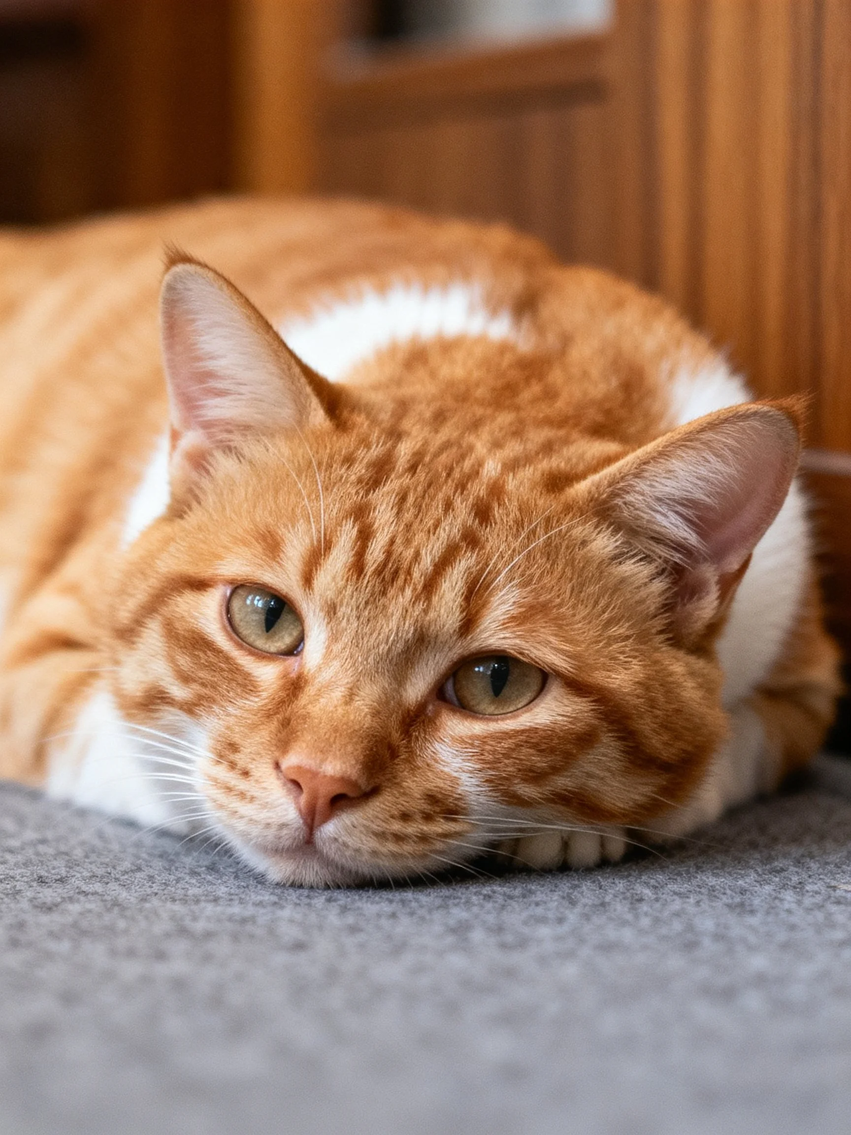 An orange and white cat relaxes on a gray surface near wooden furniture.