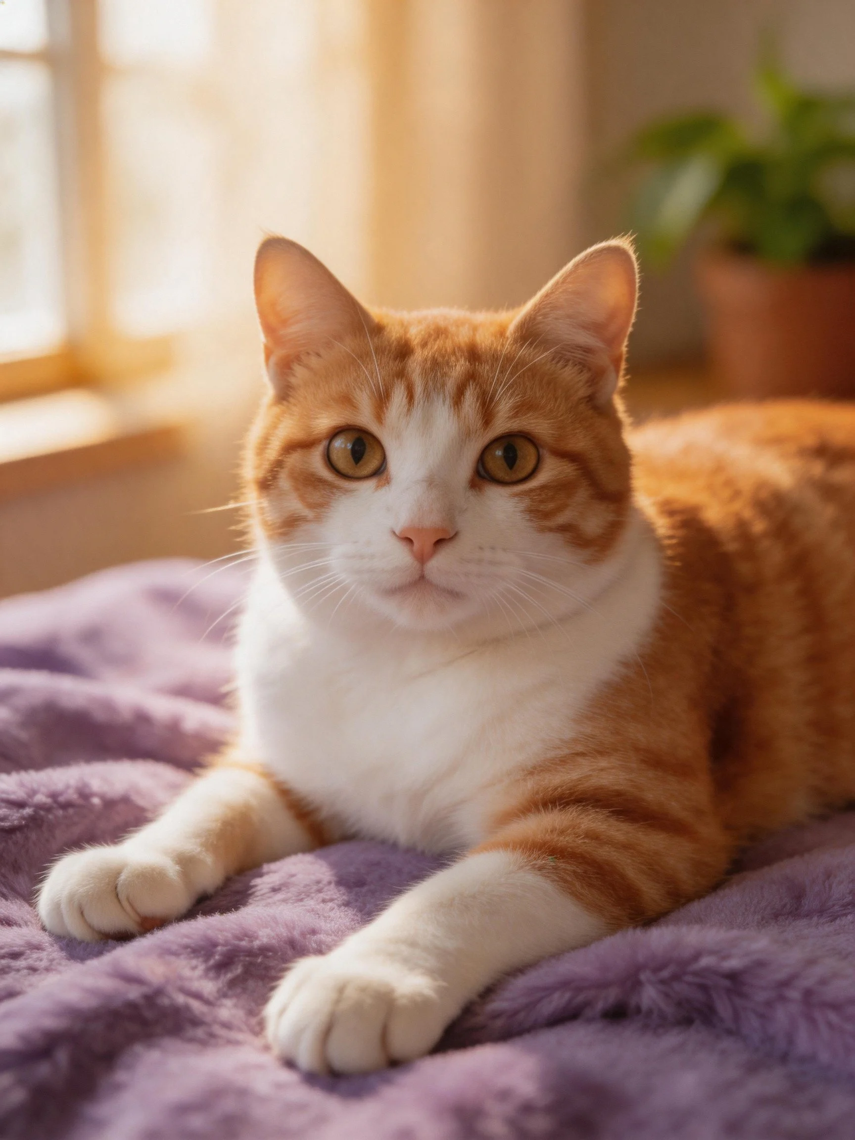 An orange and white cat rests on a purple blanket near a sunlit window