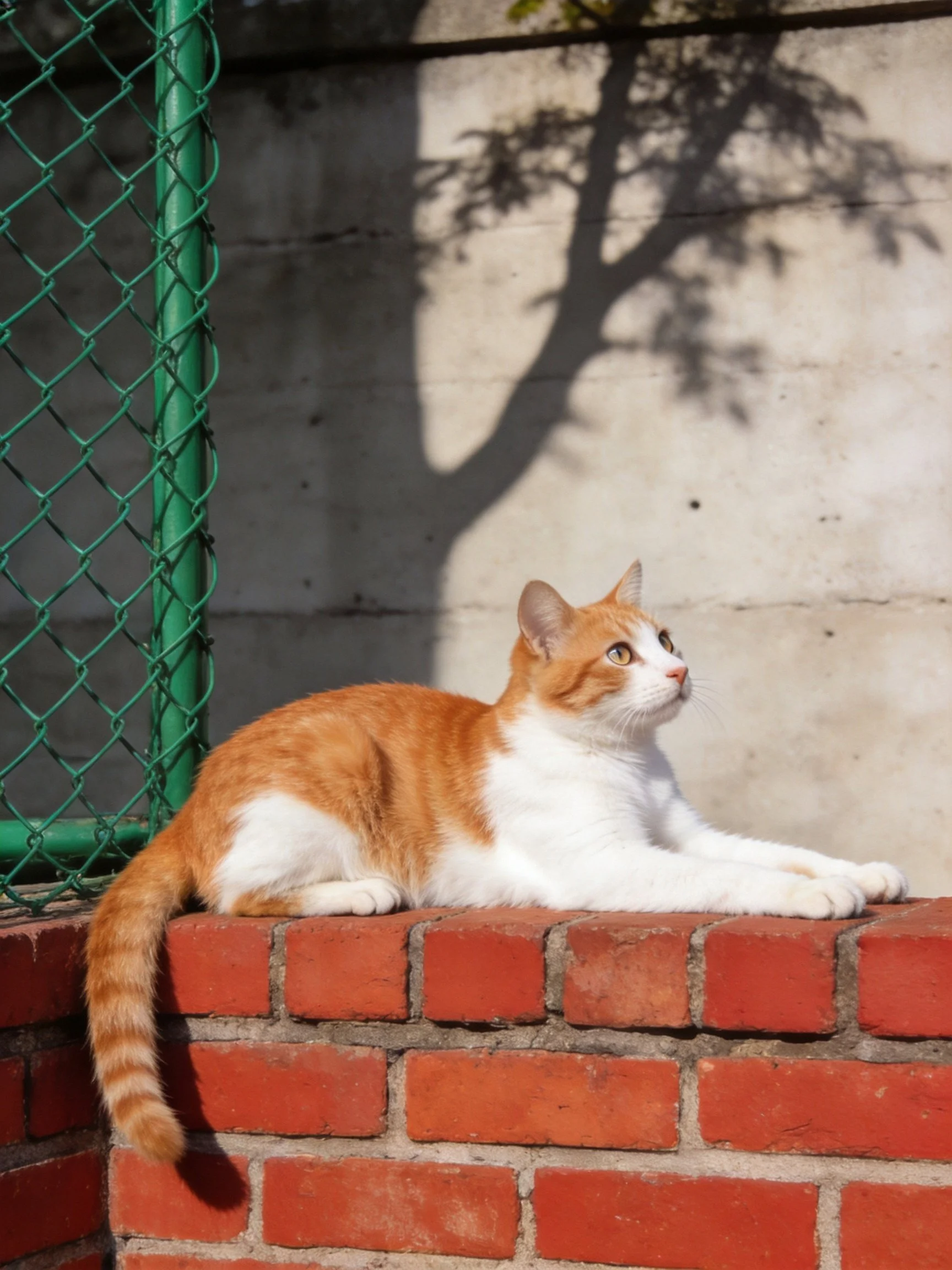 An orange and white cat relaxes on a red brick ledge beside a green fence.