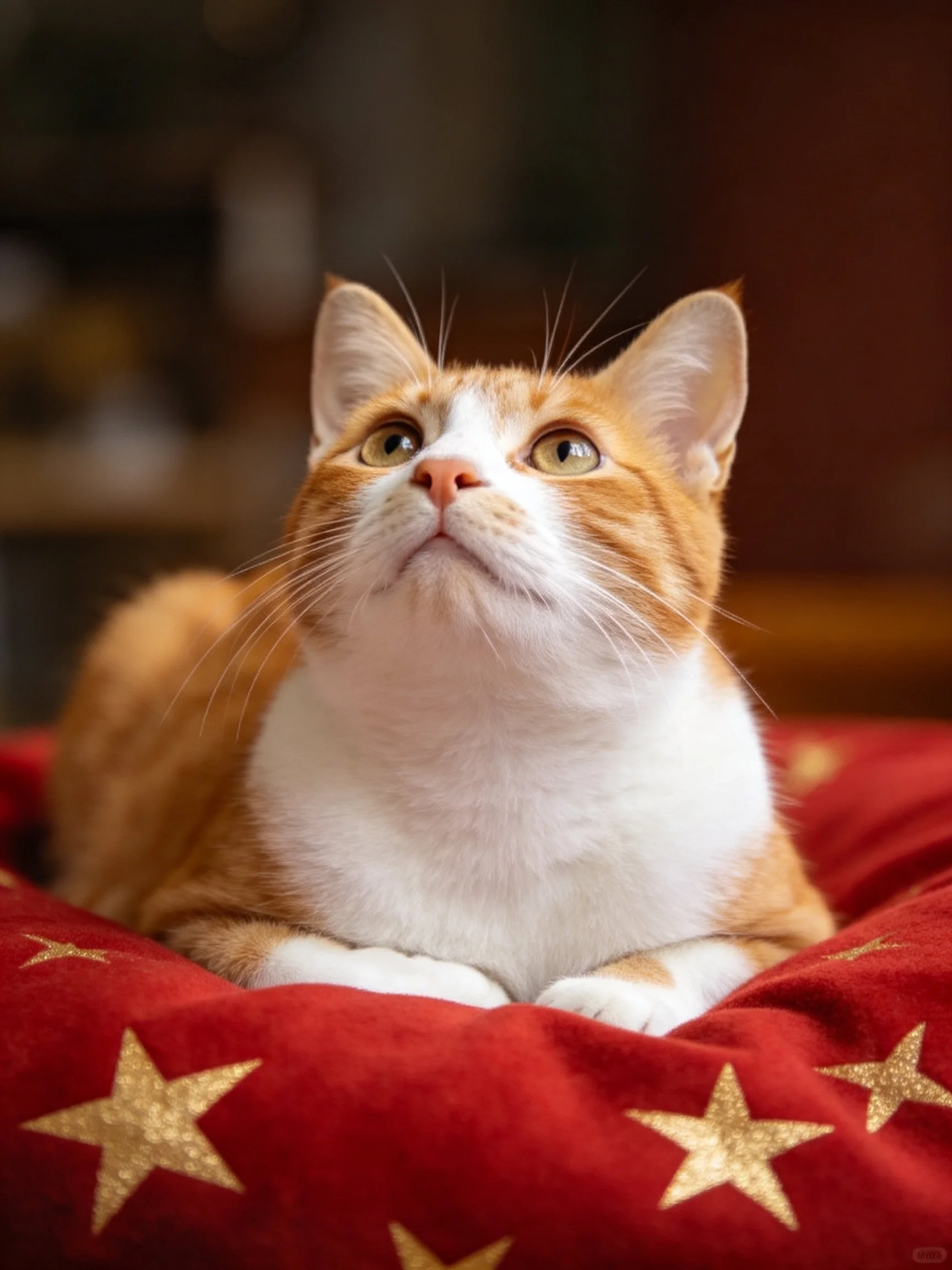 An orange and white cat sits calmly on a red star cushion.