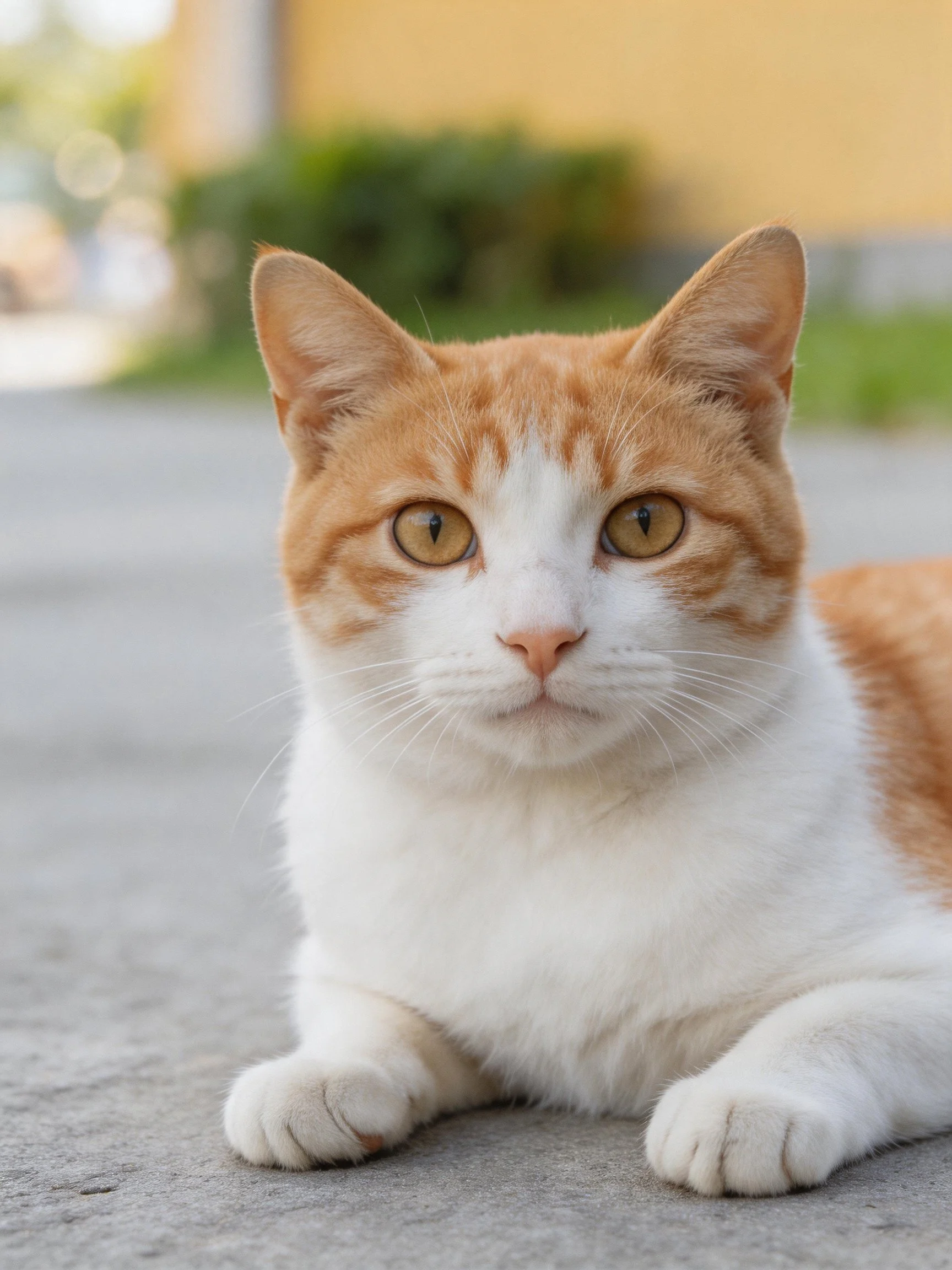 An orange and white cat rests on a smooth concrete path outside.
