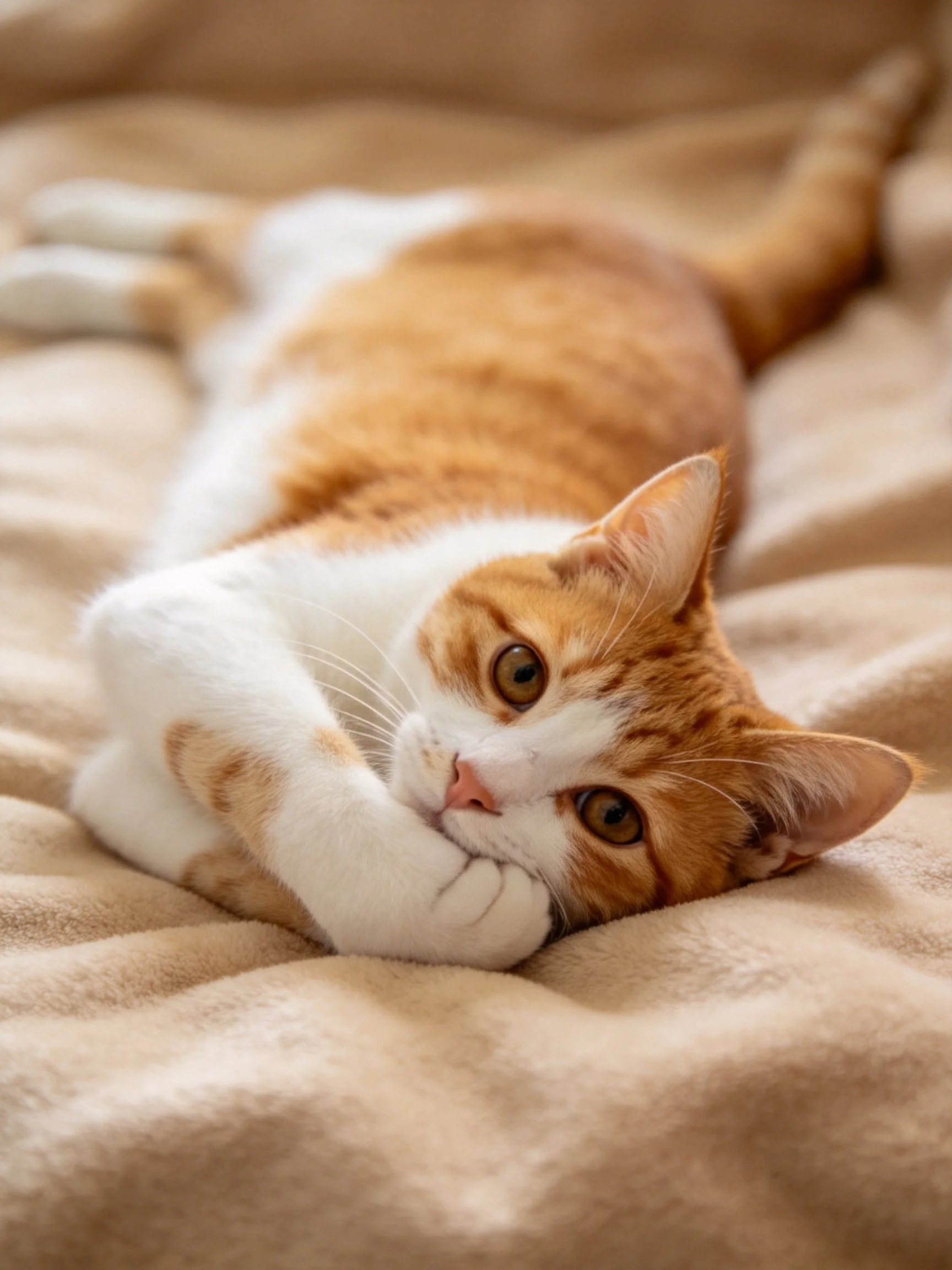An orange and white cat rests on a soft beige blanket