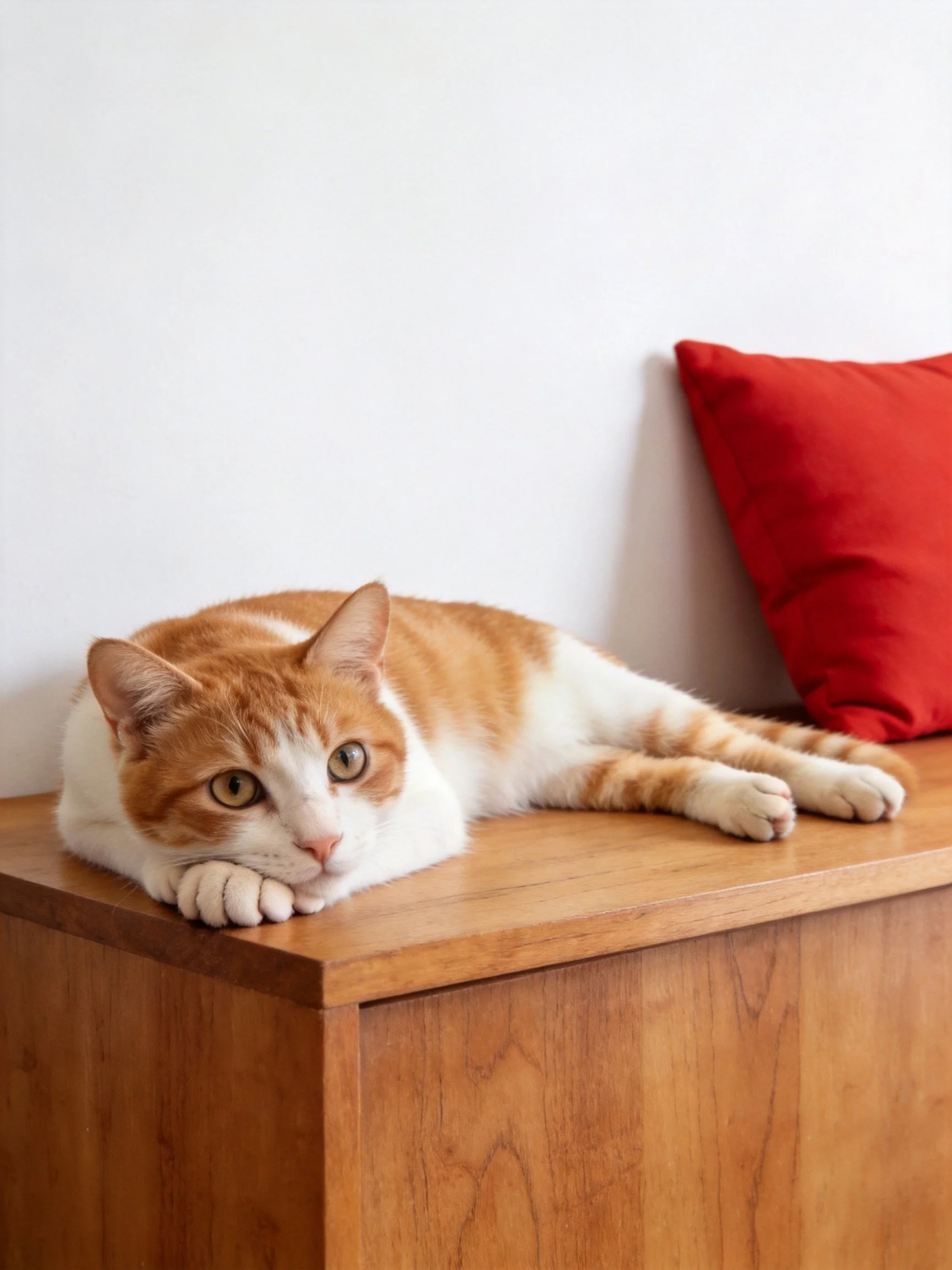 An orange and white cat relaxes on wood beside a red cushion.