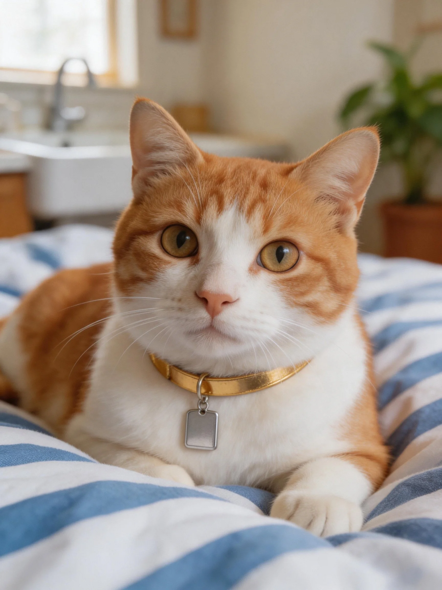 An orange and white cat rests on blue-striped bedding with a gold collar
