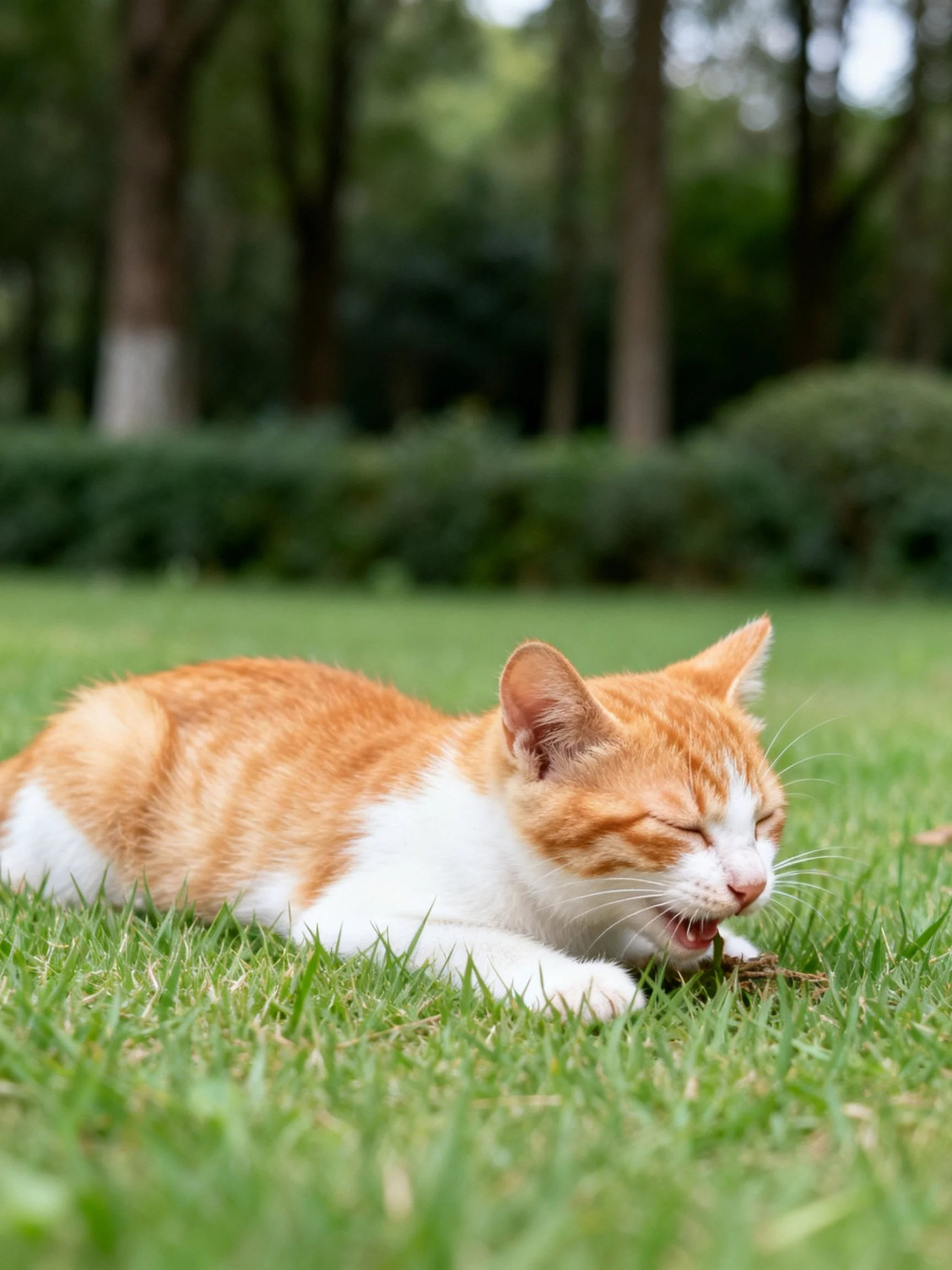 An orange and white cat relaxes on grass in a sunlit outdoor setting