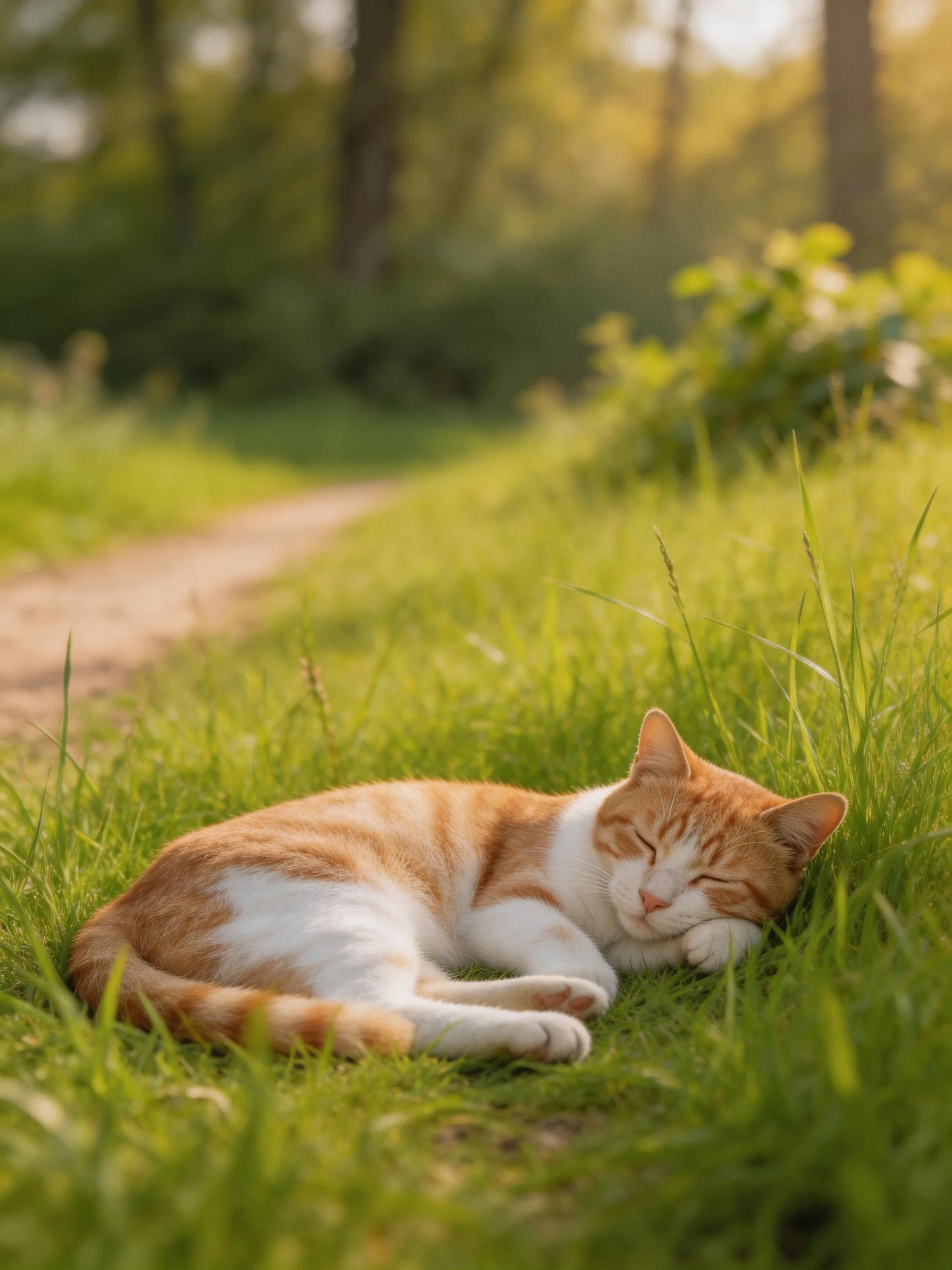 An orange-and-white cat sleeps peacefully on green grass near a dirt path.