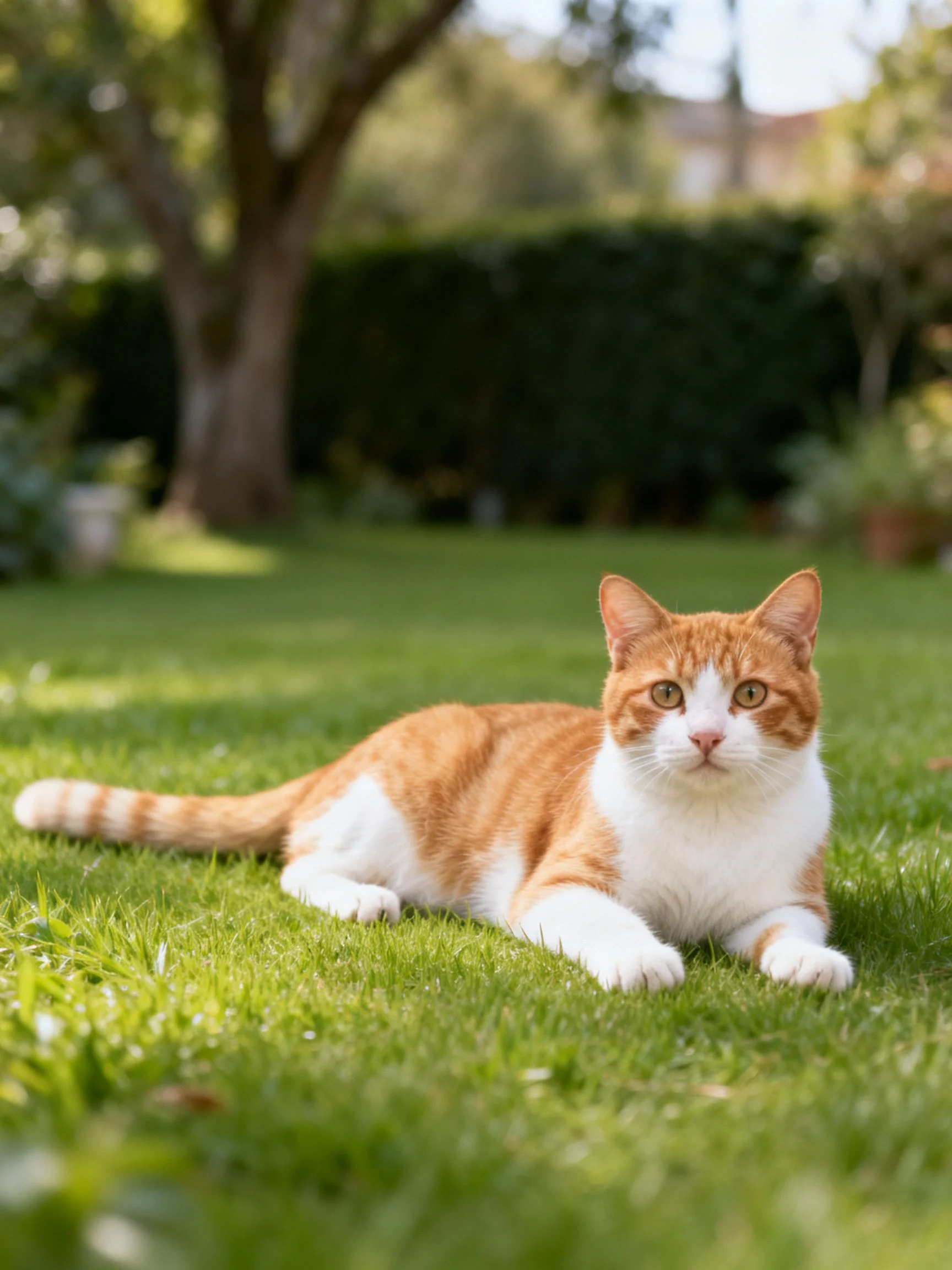 An orange and white cat lies peacefully on green grass amid a sunlit garden backdrop.