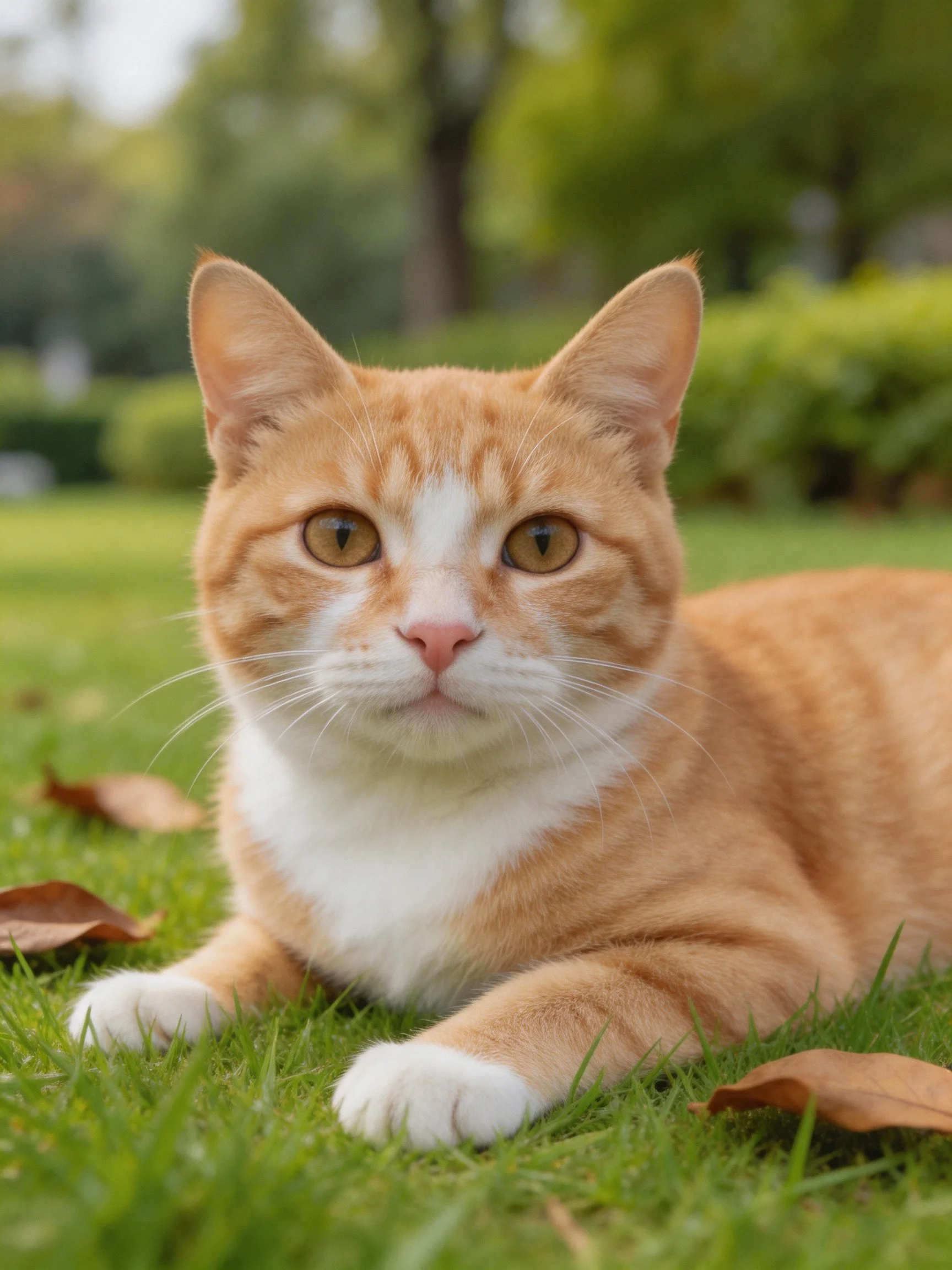 An orange and white cat rests on lush green grass with brown leaves