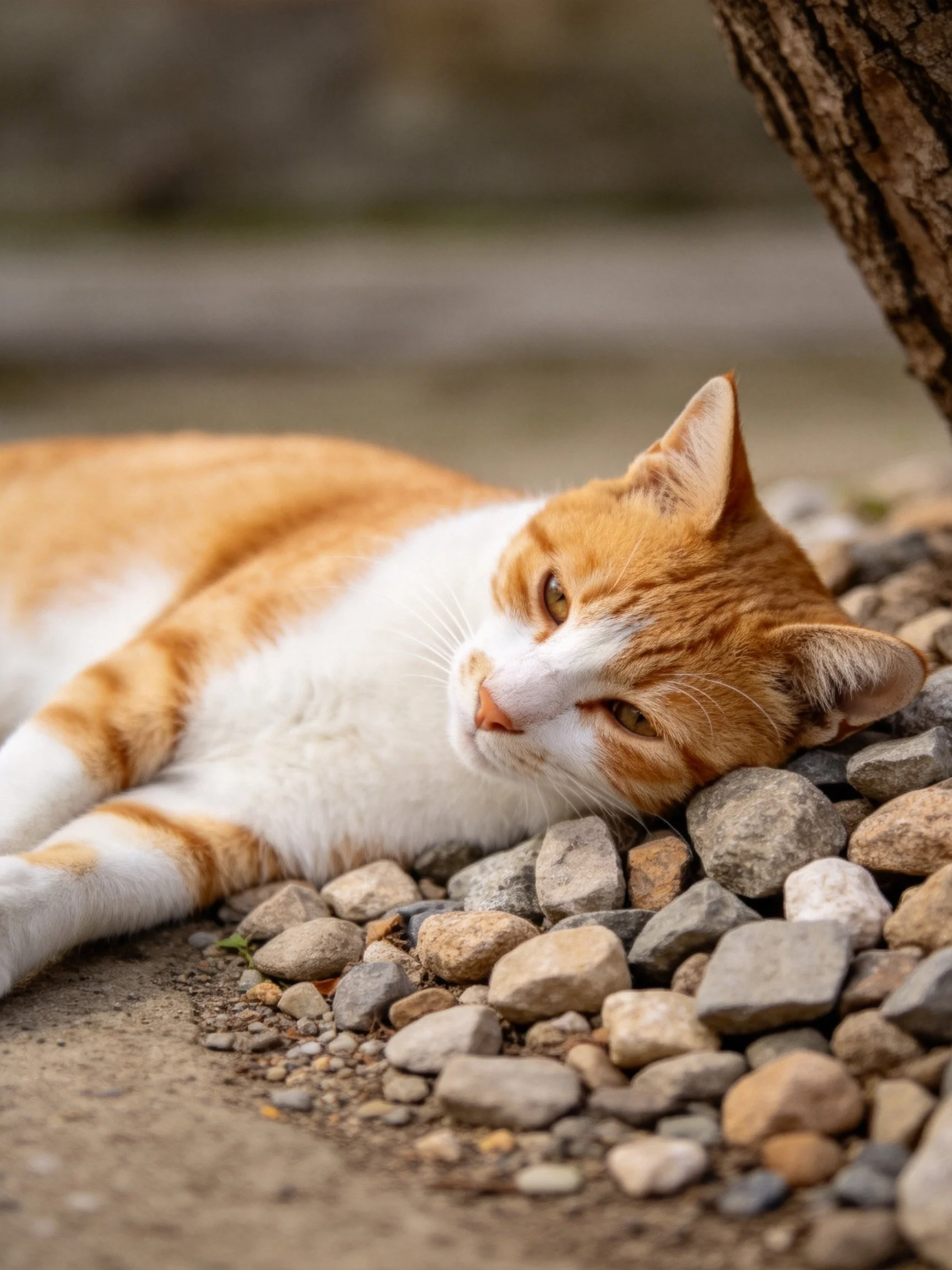 An orange and white cat rests on pebbles near a tree trunk