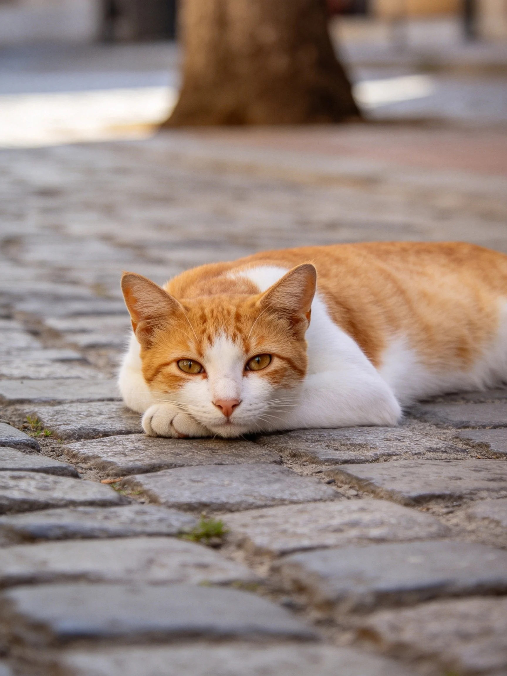 An orange and white cat rests on weathered cobblestone pavement
