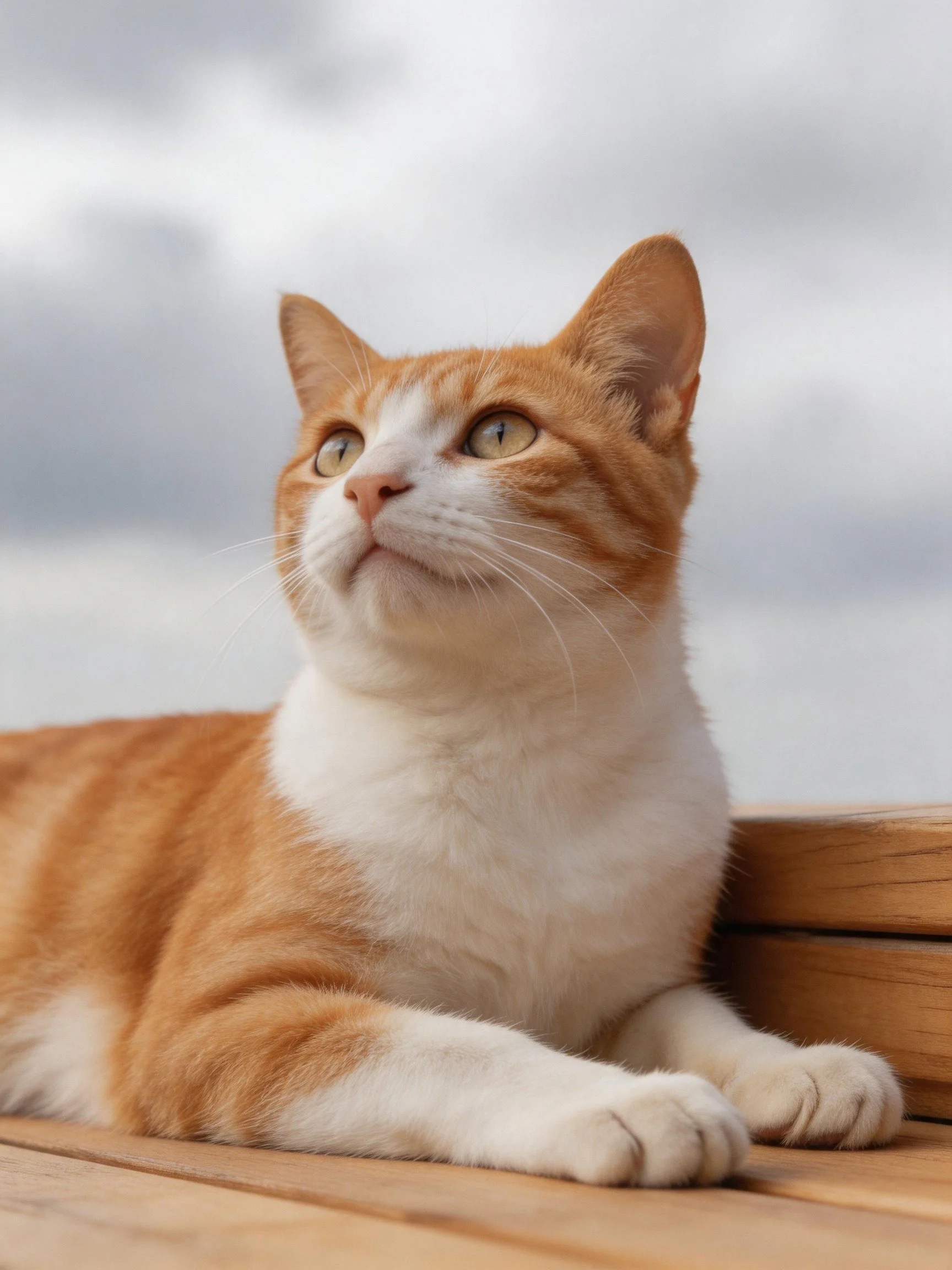 An orange and white cat rests on wooden planks outdoors