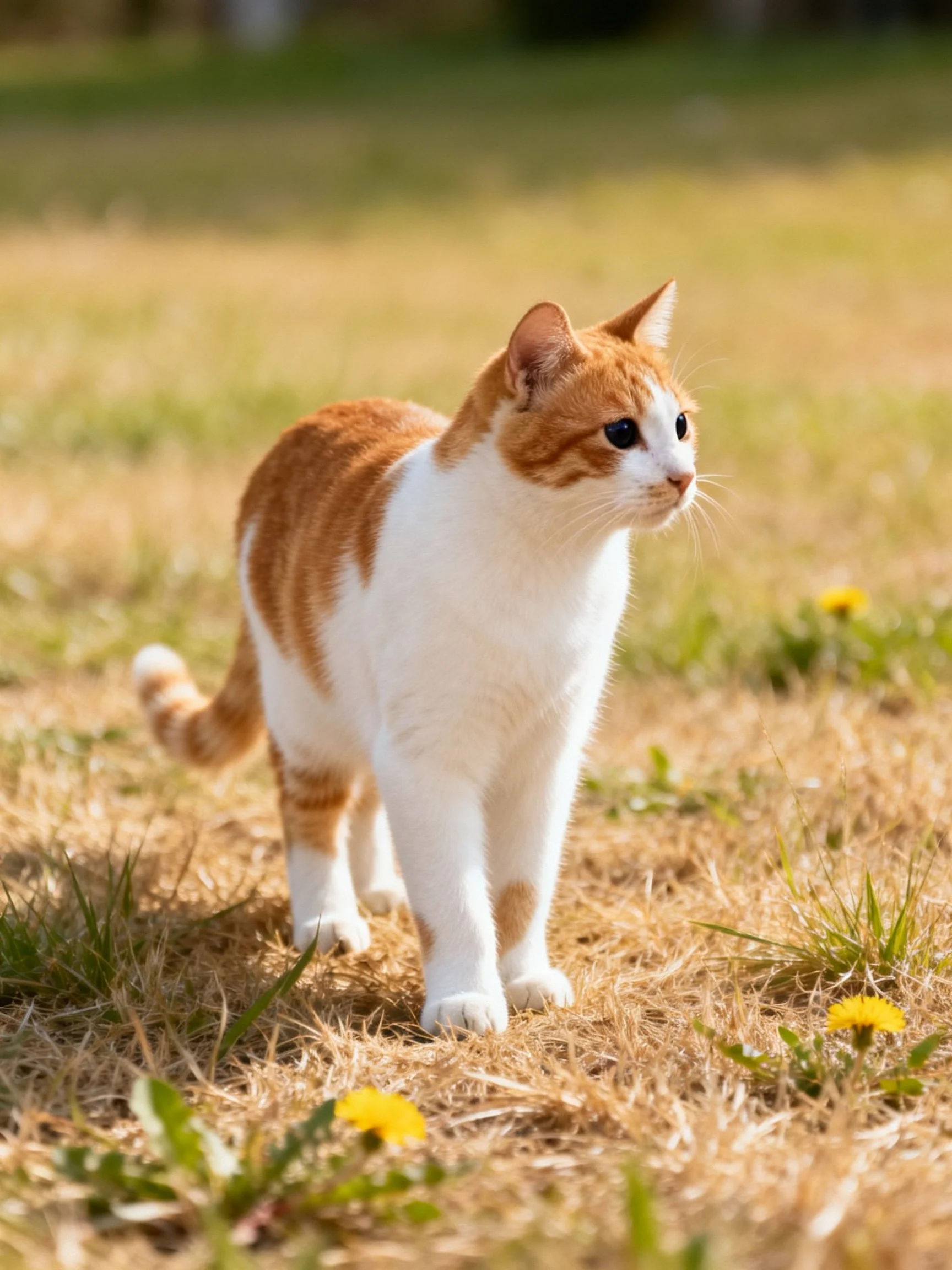 An orange and white cat roams a sunlit grassy area with yellow flowers