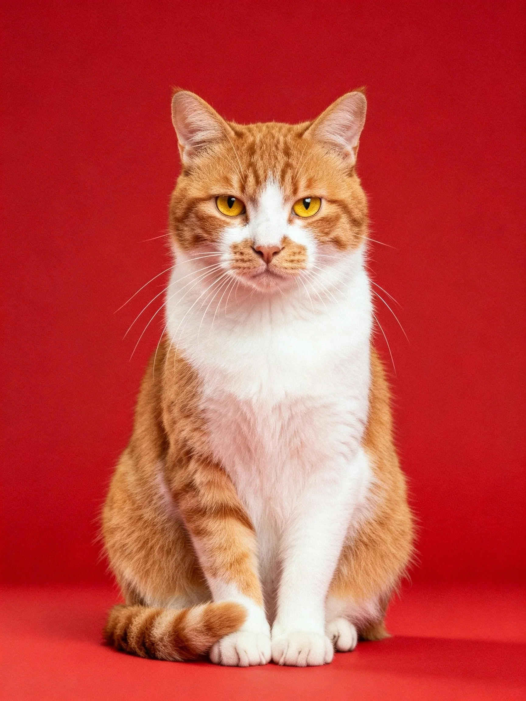 An orange and white cat sits against a solid red background