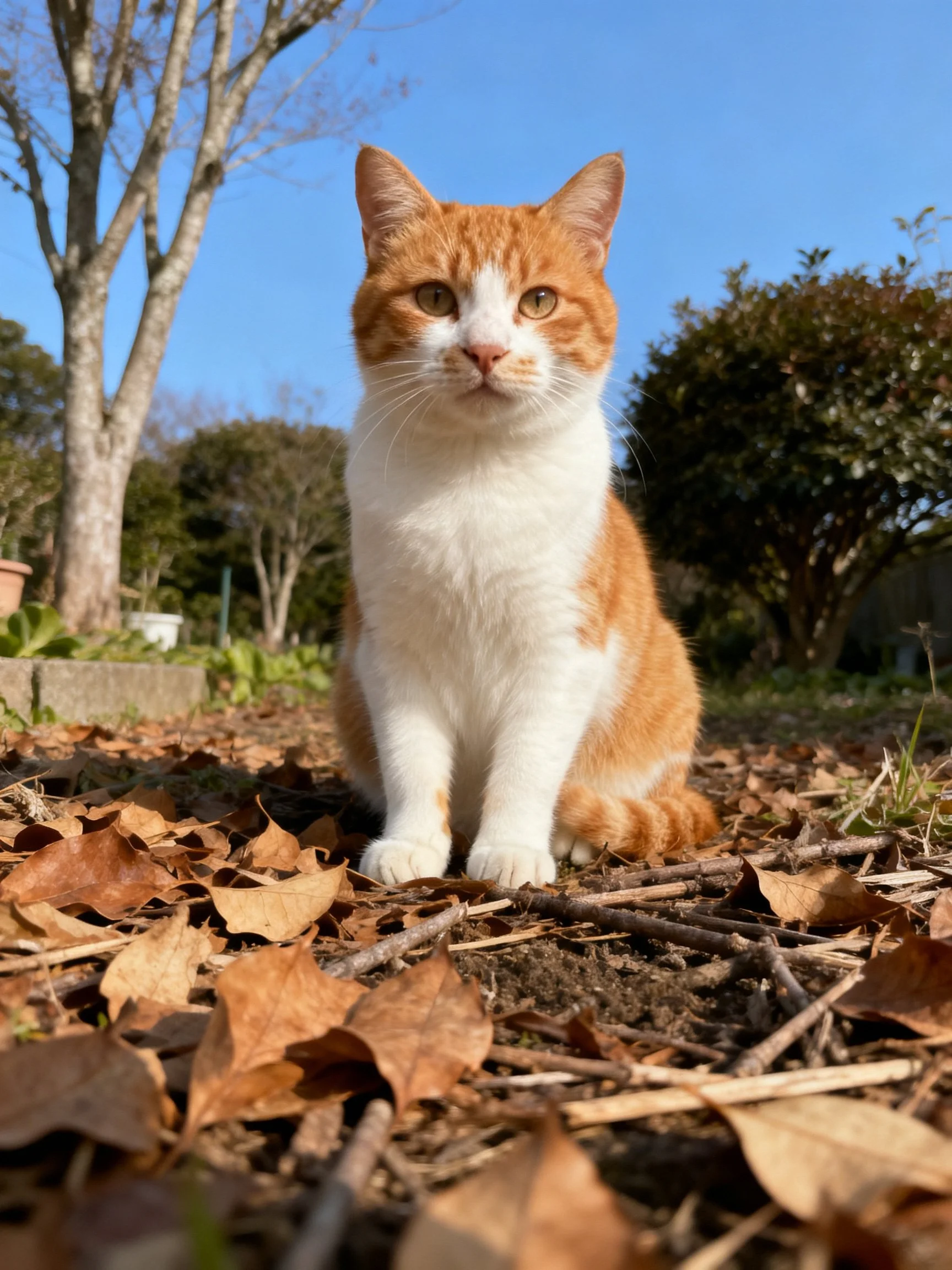 An orange and white cat sits calmly among dry leaves in a bright outdoor setting.