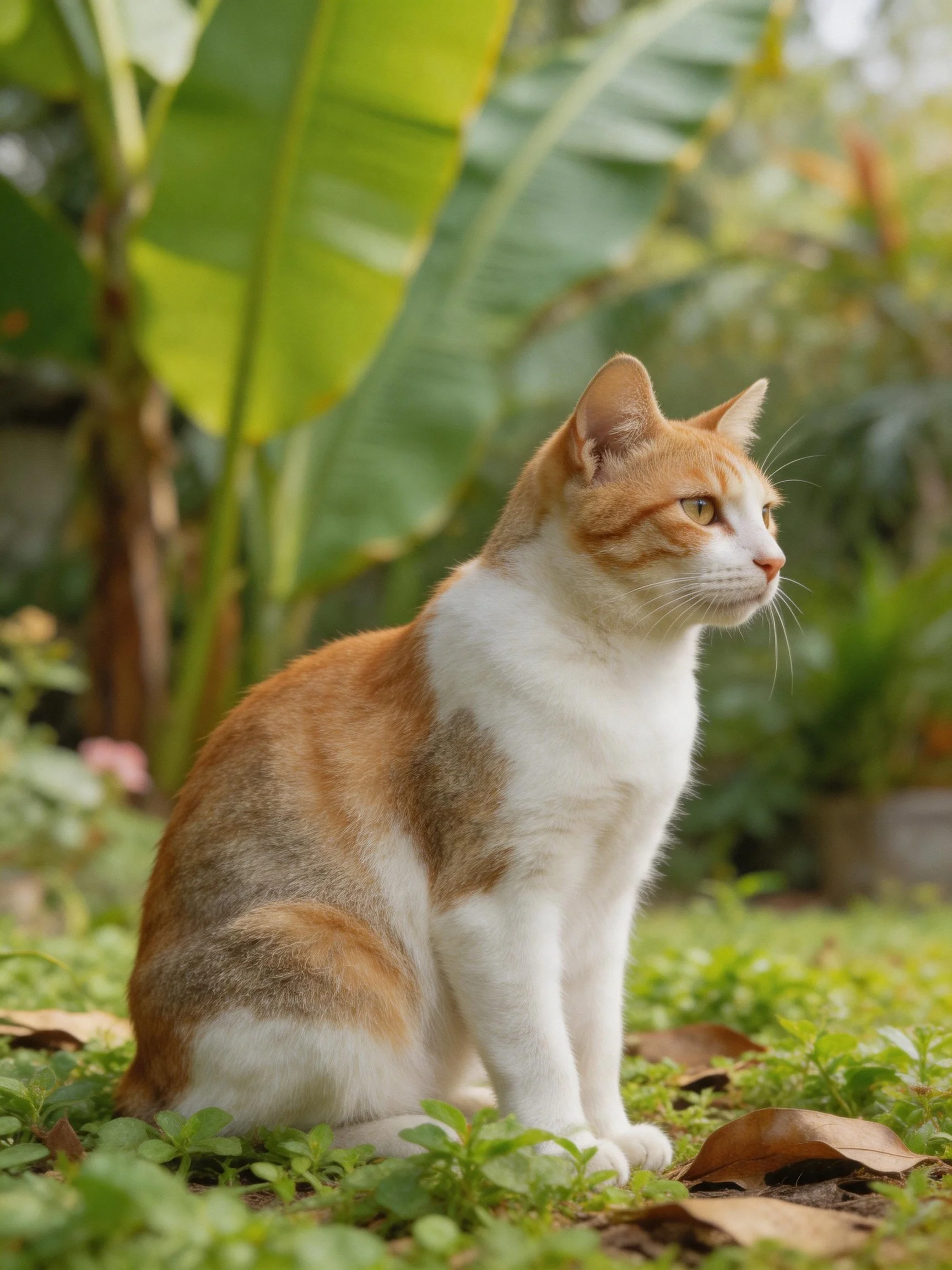 An orange and white cat rests peacefully in a verdant outdoor space.