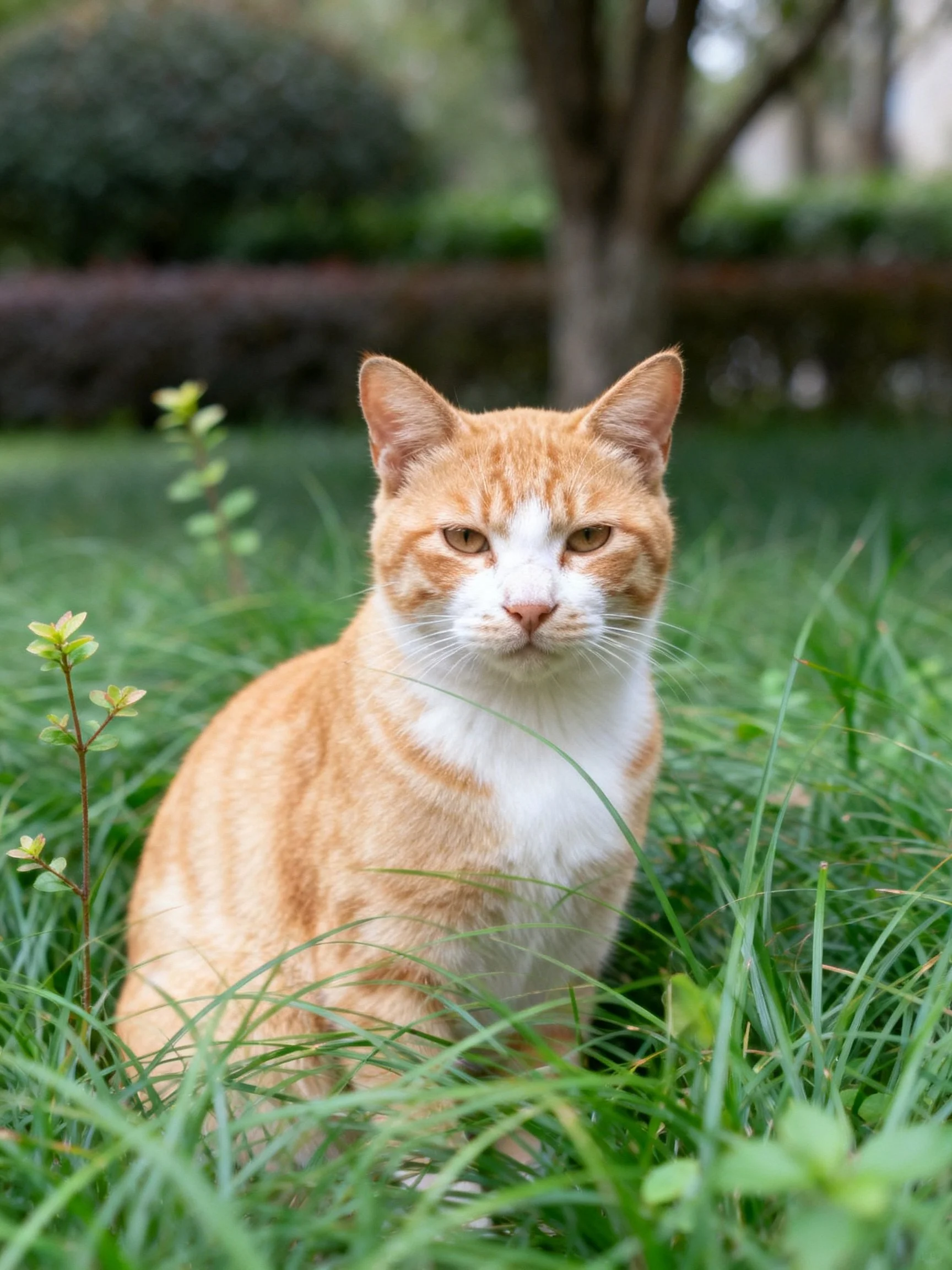 An orange and white cat rests among tall green grass in a sunlit garden.