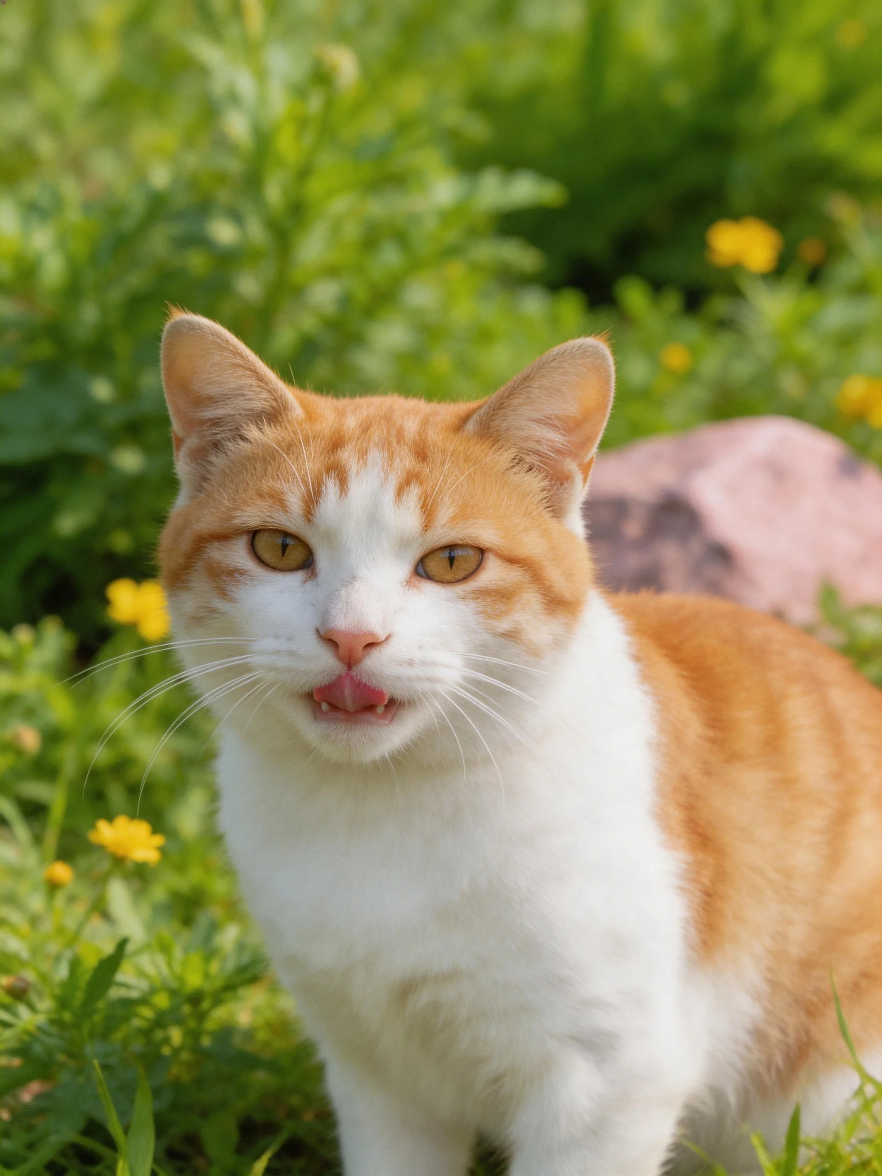 An orange and white cat is surrounded by greenery and yellow flowers.