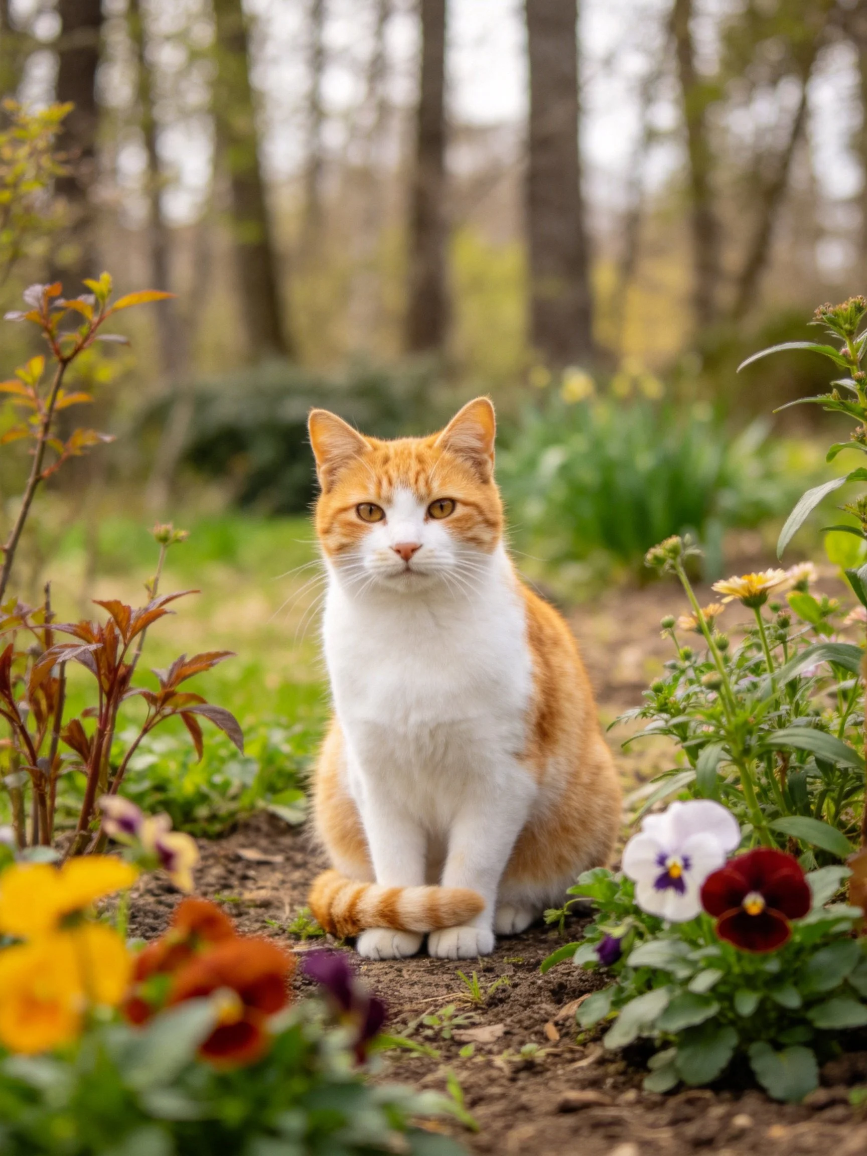 An orange-and-white cat sits among colorful flowers in a wooded area