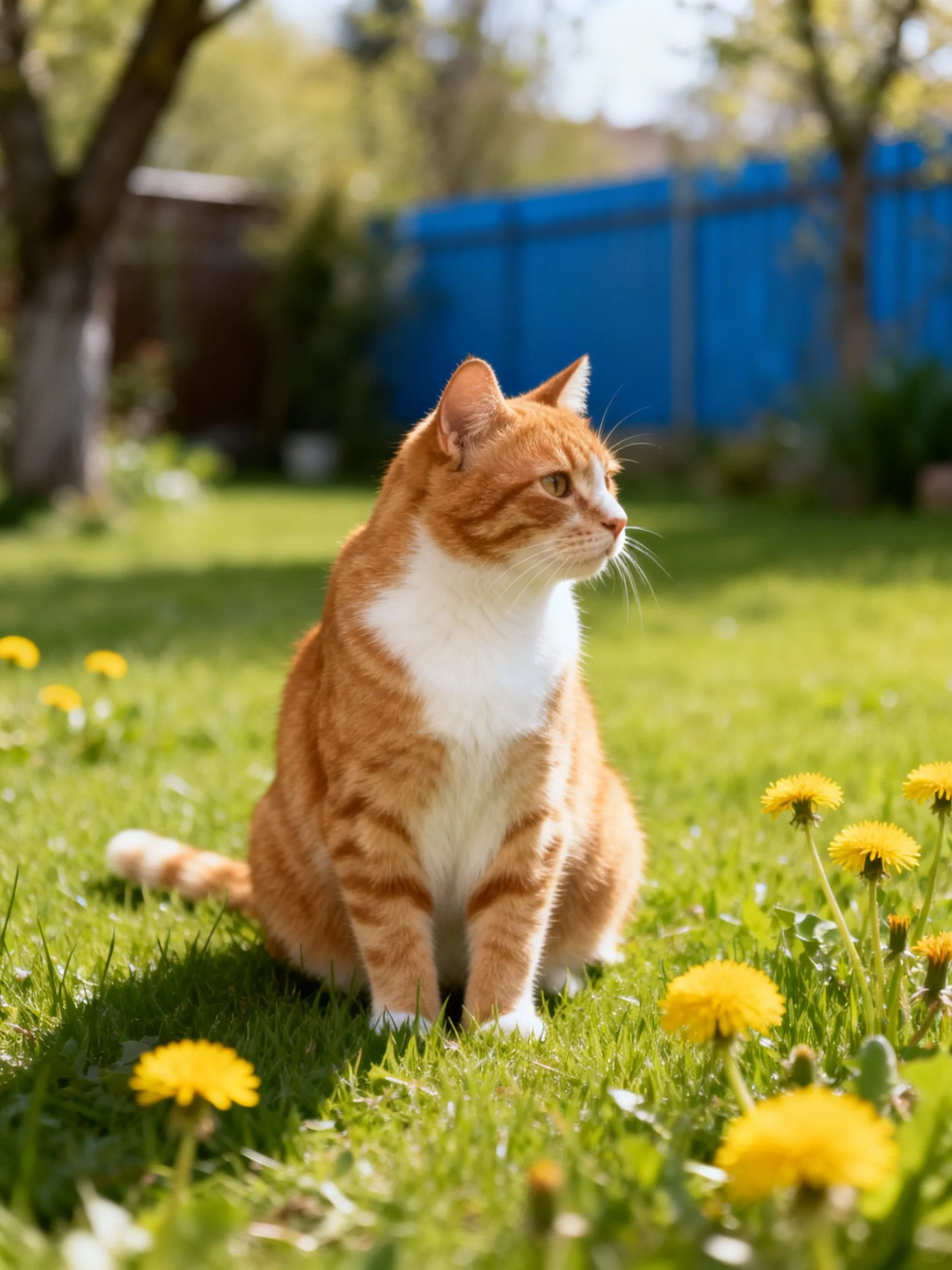 An orange and white cat sits among yellow dandelions in a sunlit backyard