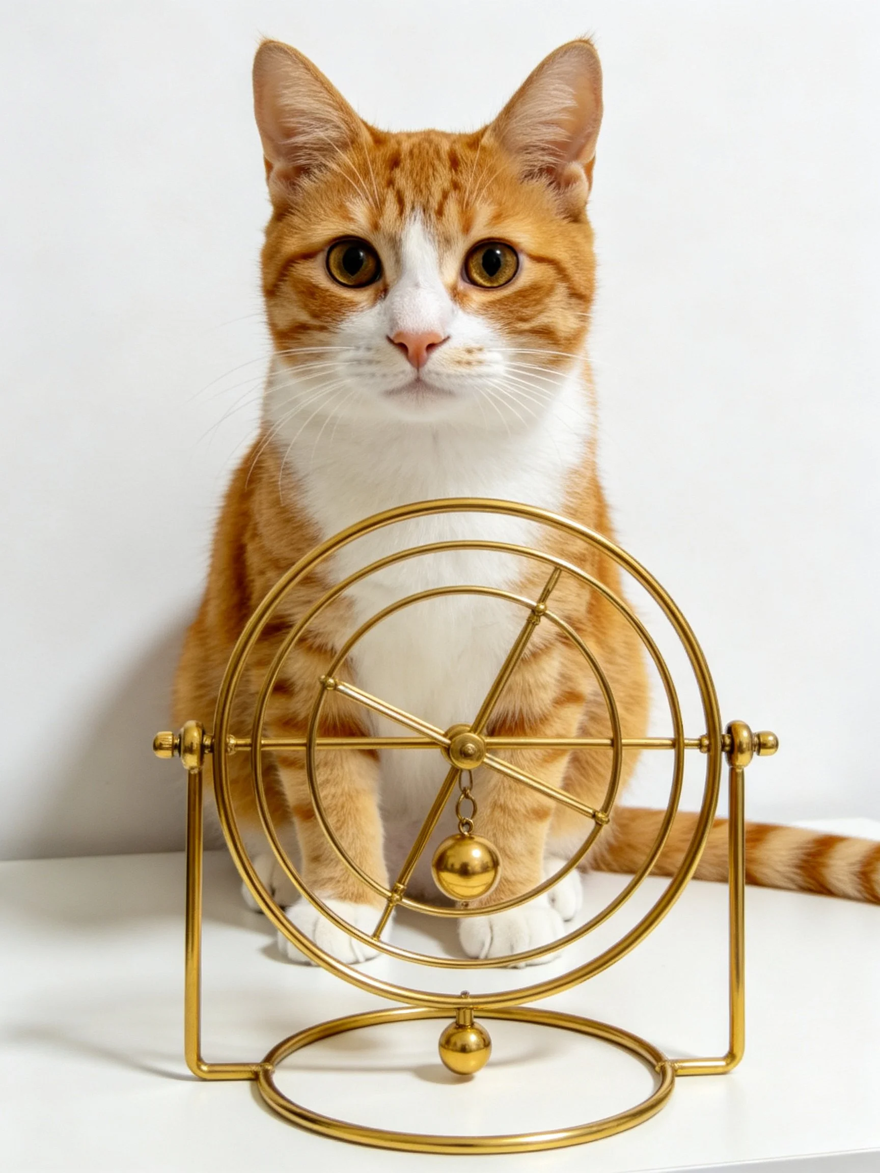 An orange and white cat sits beside a golden metal decorative structure