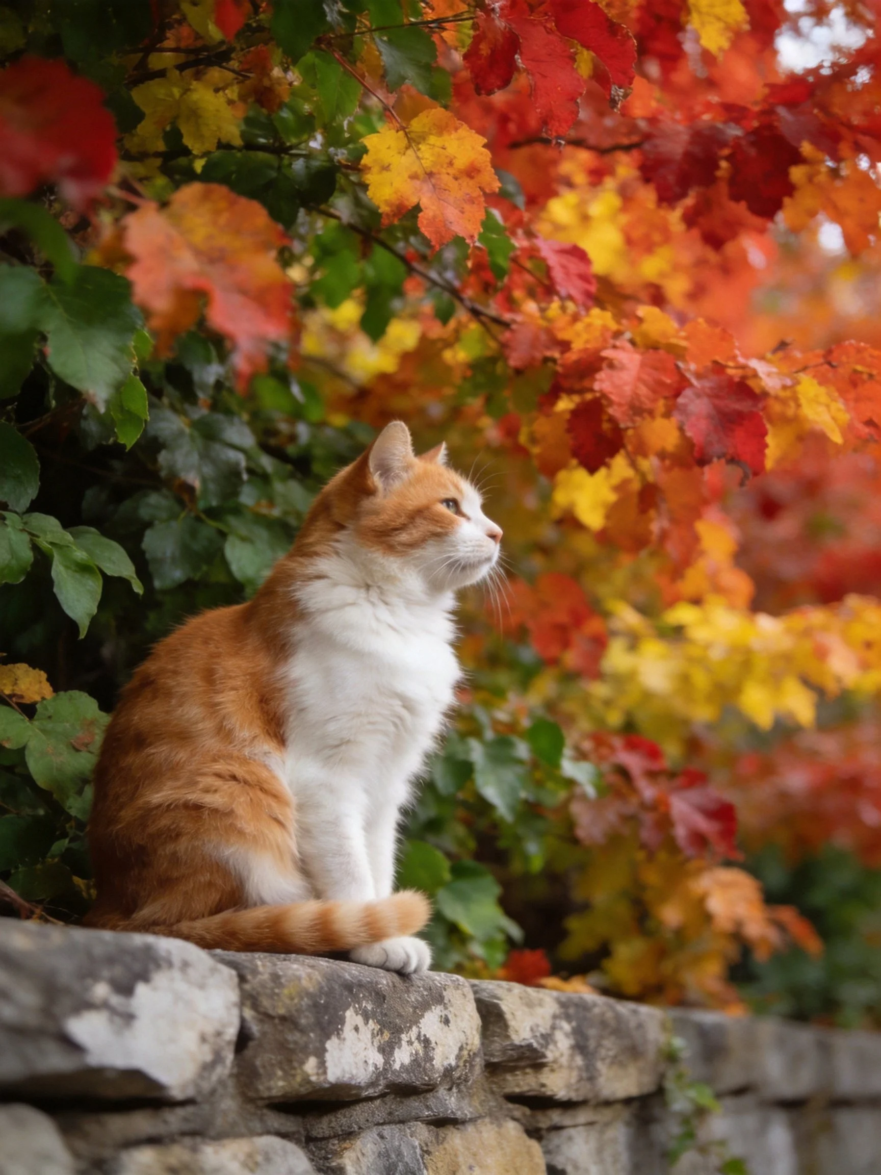 An orange-and-white cat sits beside vibrant fall foliage on a stone wall