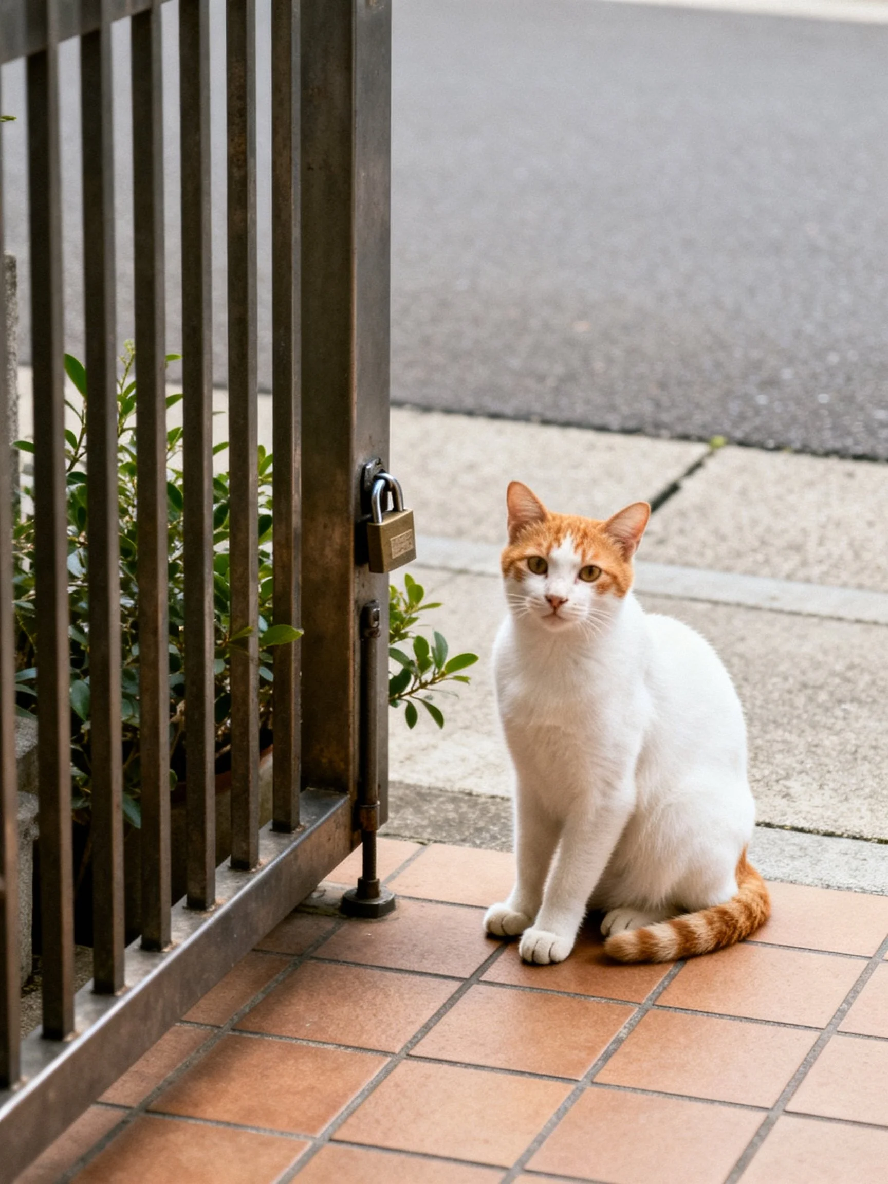 An orange and white cat sits by a locked metal gate on terracotta tiles