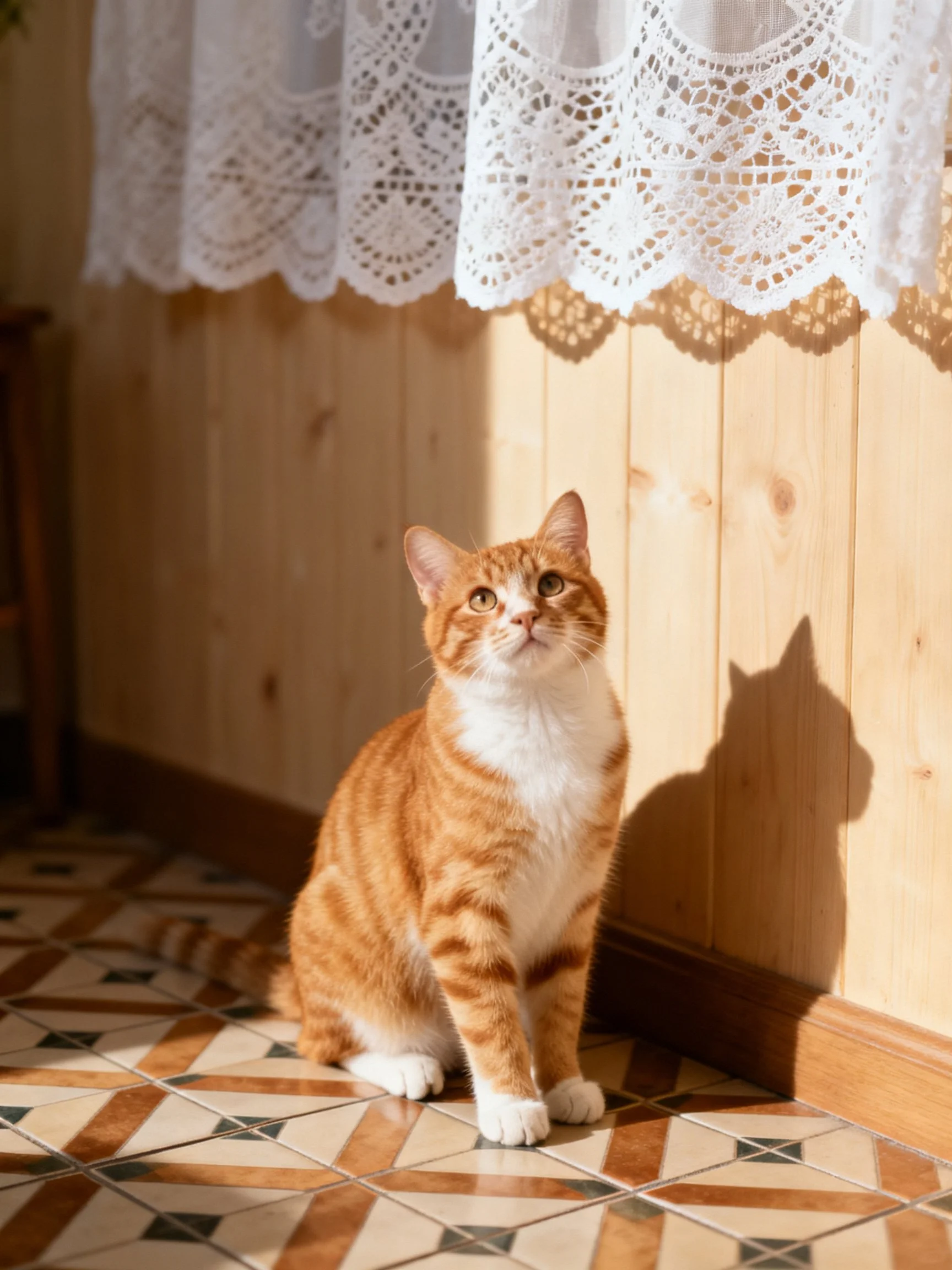 An orange and white cat sits near a wooden wall with lace curtains in bright sunlight.