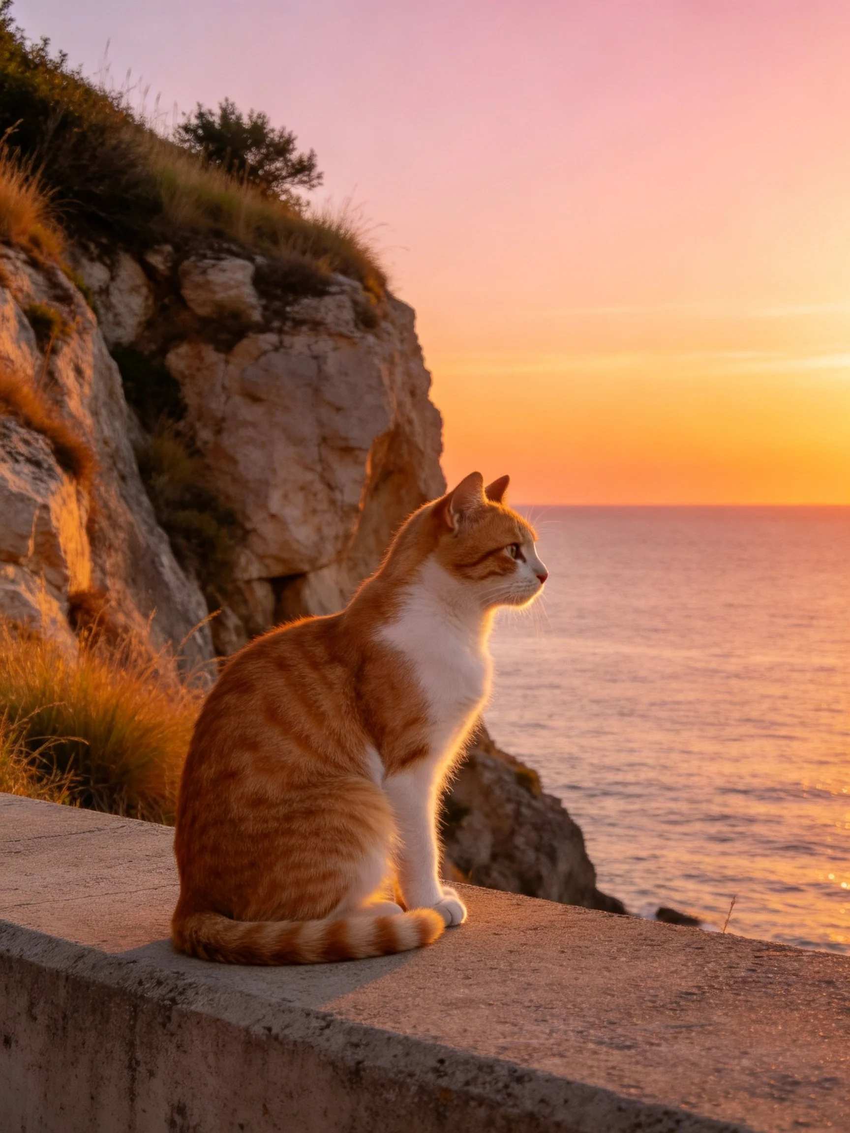 An orange-and-white cat sits by rocky cliffs during golden-hour sunset