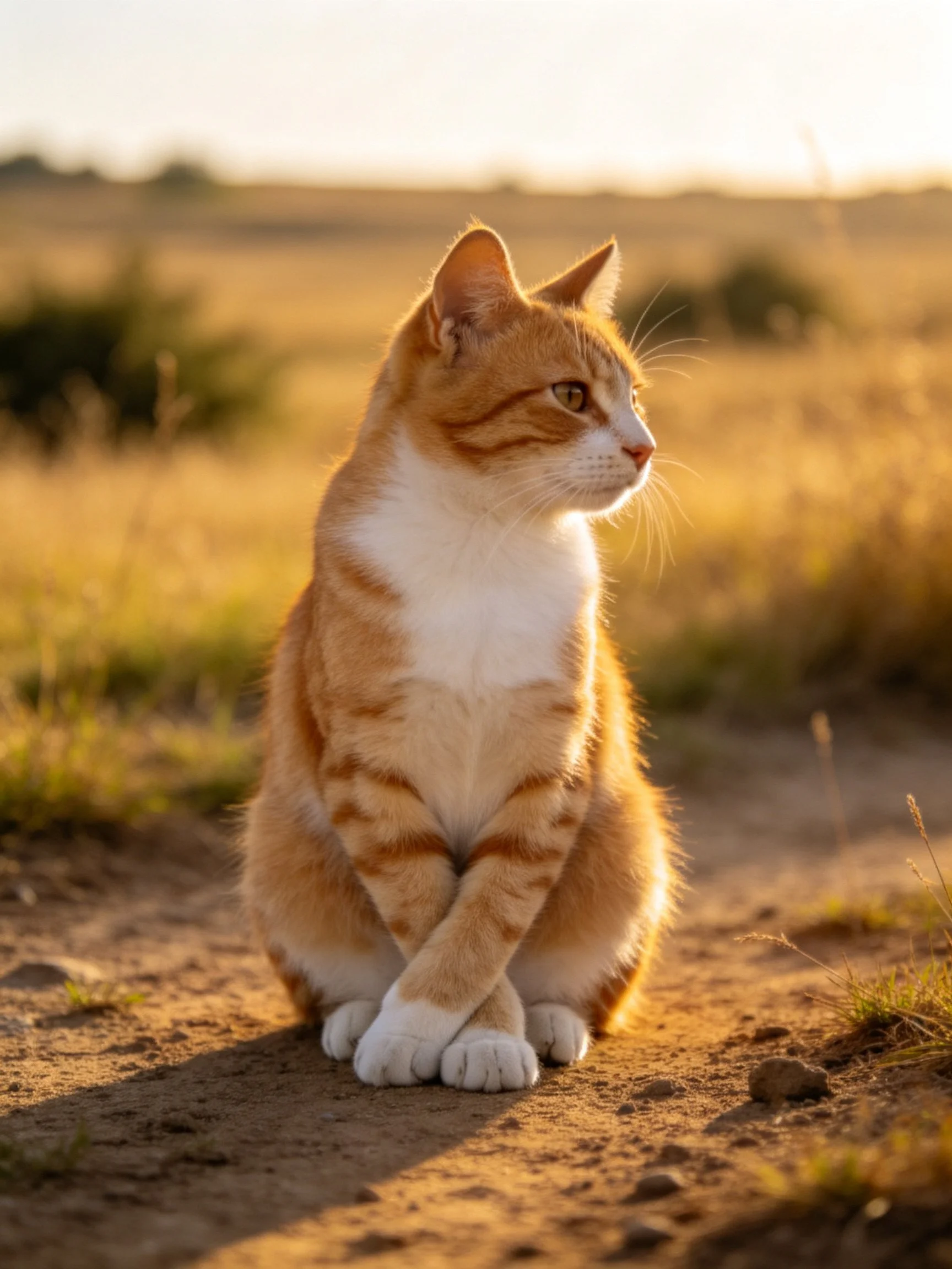 An orange and white cat sits peacefully in a sunlit open field.
