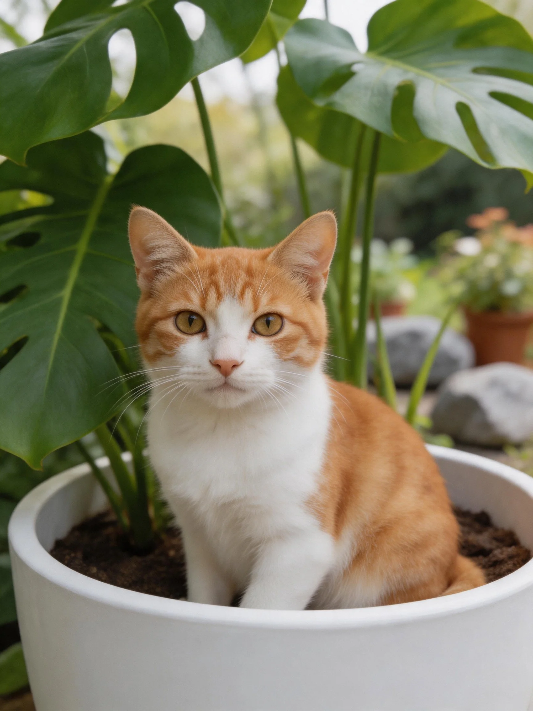 An orange and white cat rests inside a large white planter amid lush green foliage.