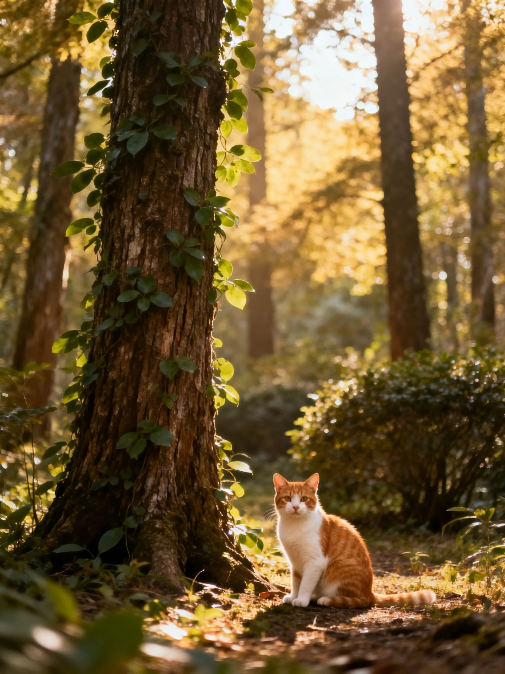 A cat sits near a large tree in a sunlit forest environment.
