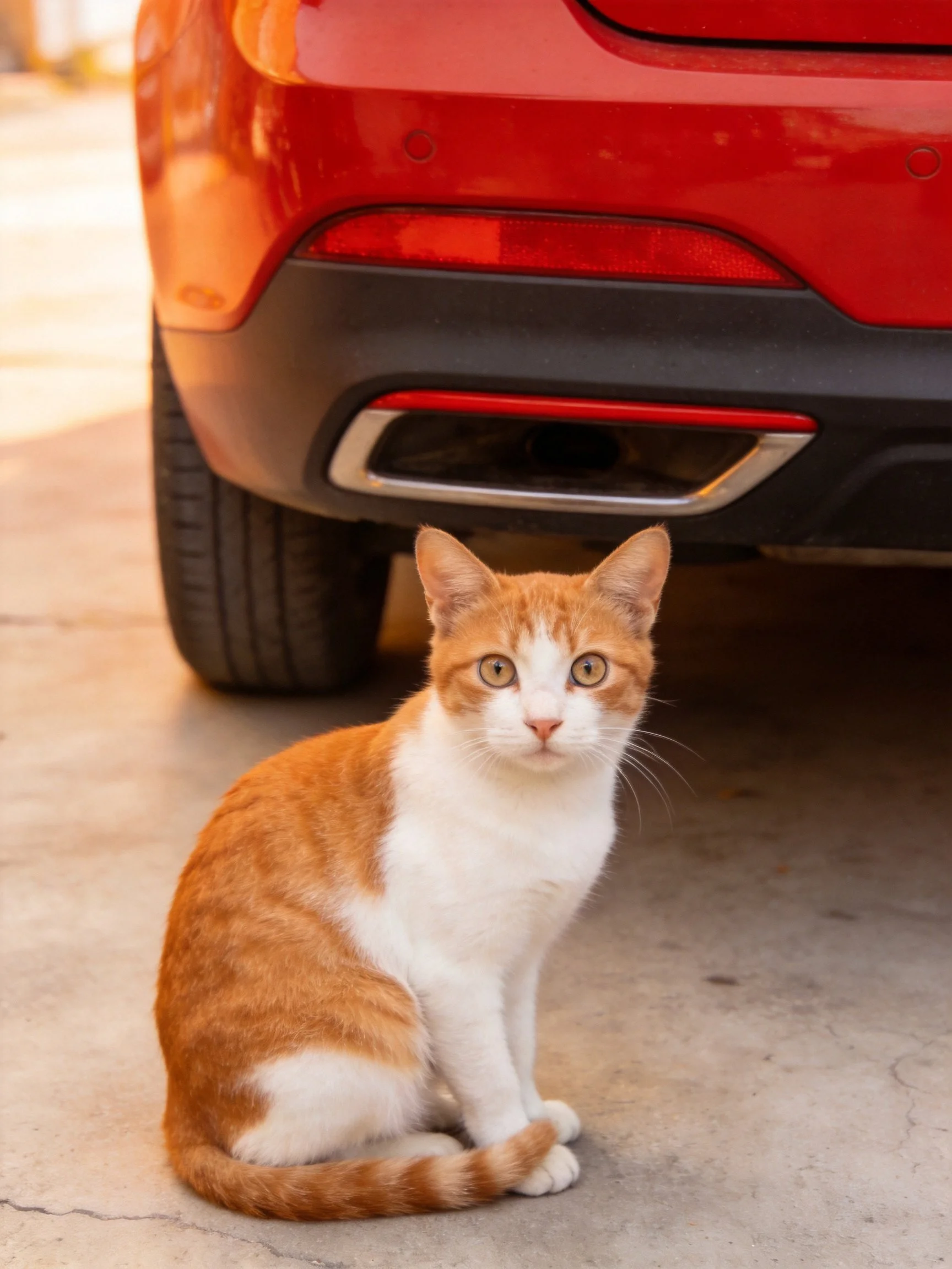 An orange and white cat rests beside a red car on a smooth concrete area.