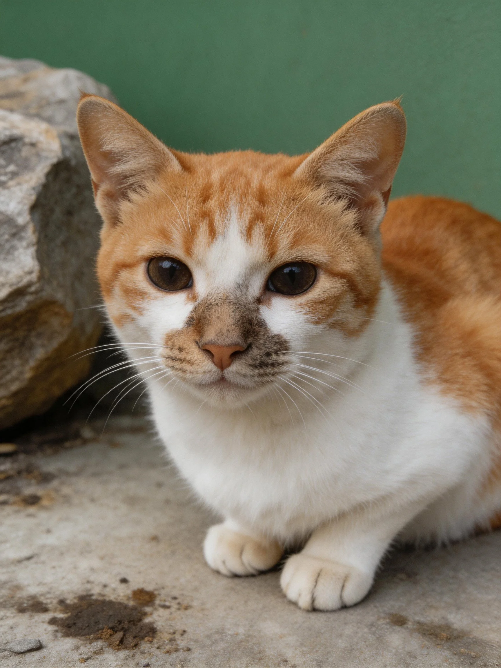 An orange and white cat rests near a stone in an outdoor setting