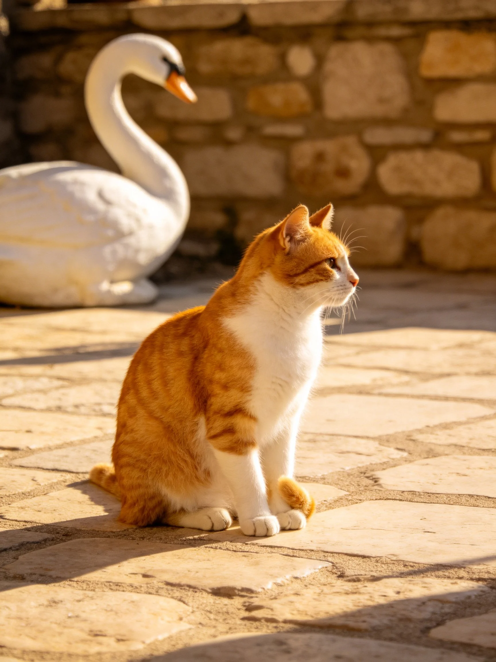 An orange and white cat sits near a white swan statue on stone pavement